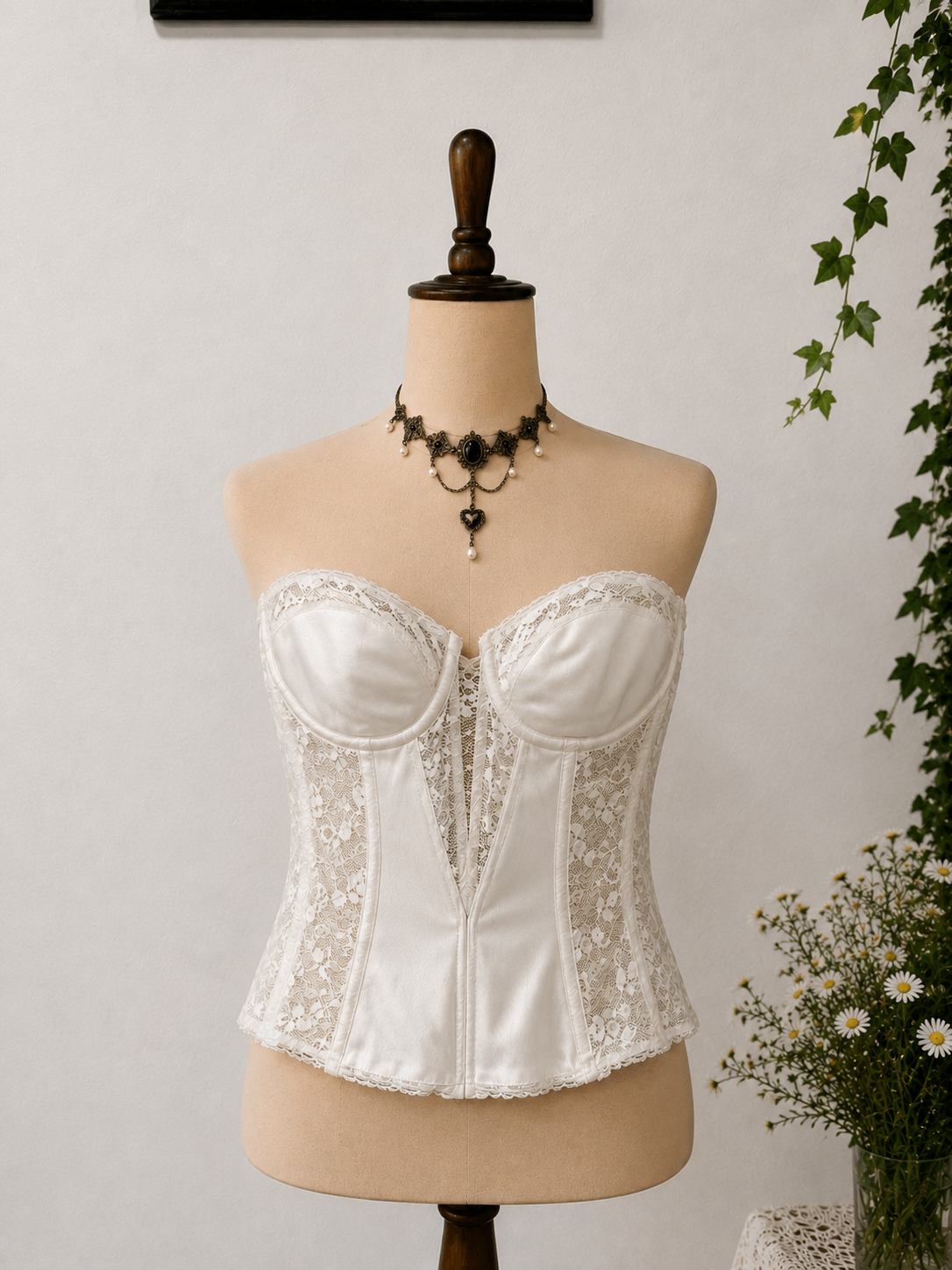 Beyaz Saten Dantelli Korse