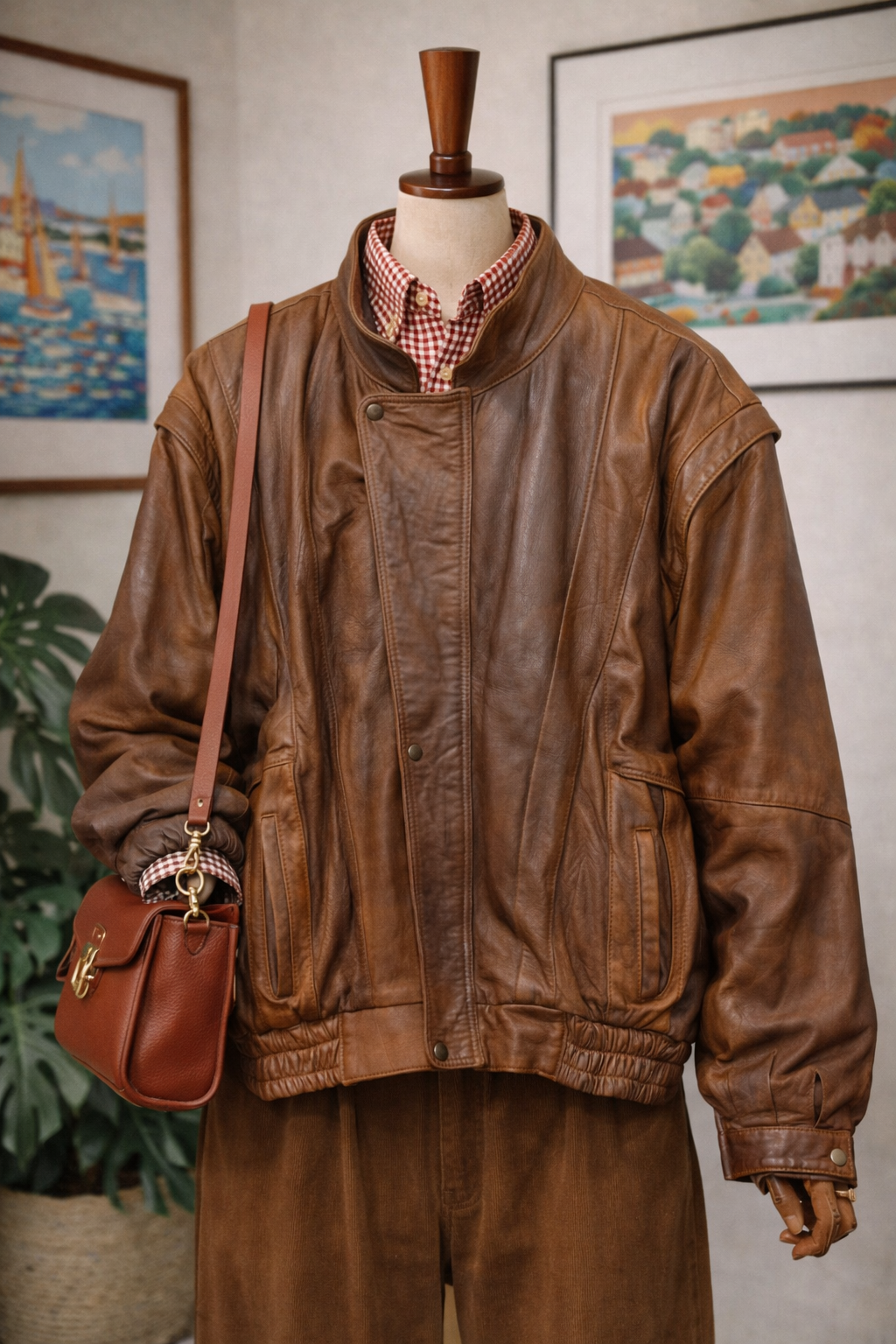 Brown Oversize Bomber Deri Ceket
