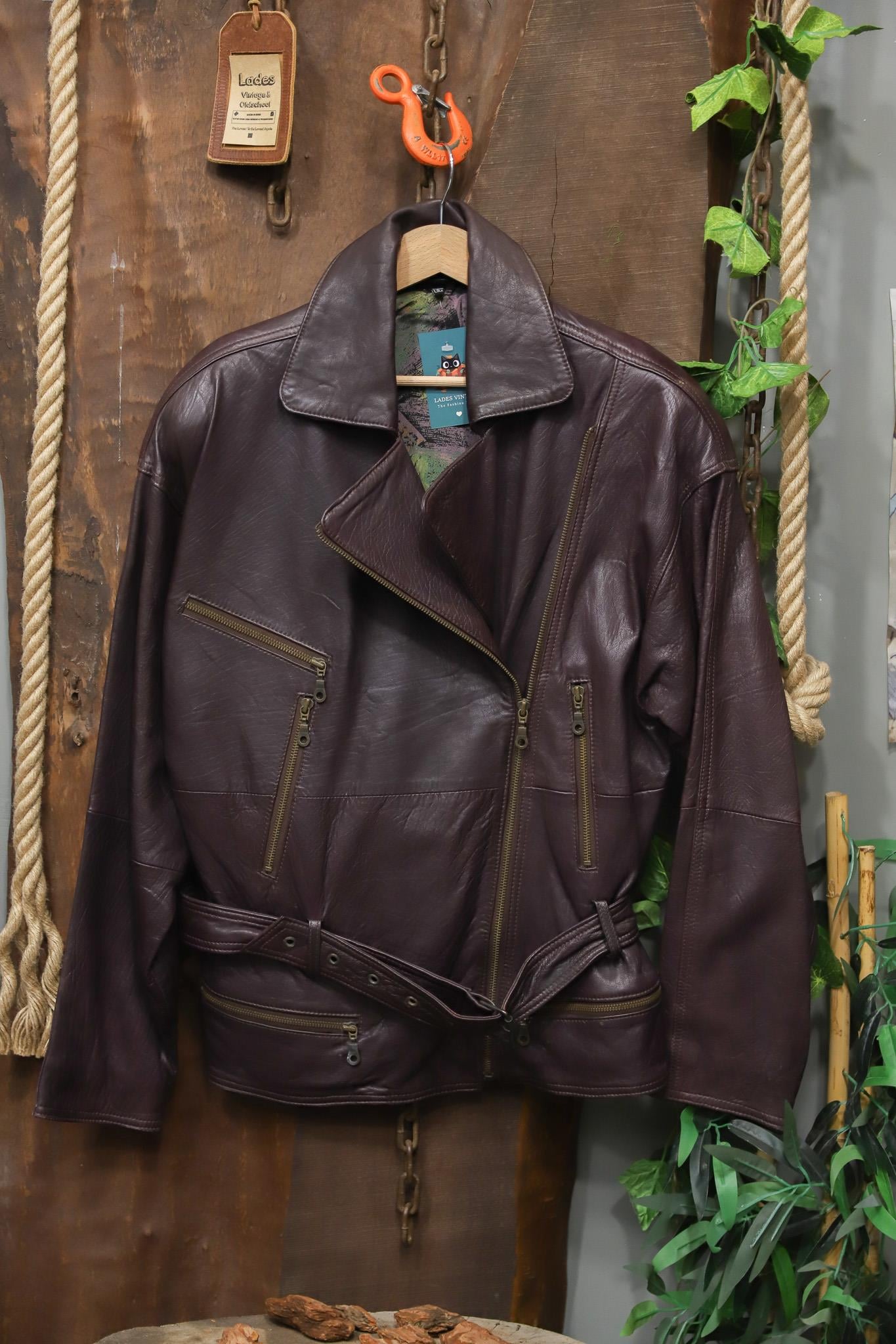 Burgundy Kemerli Biker Deri Ceket