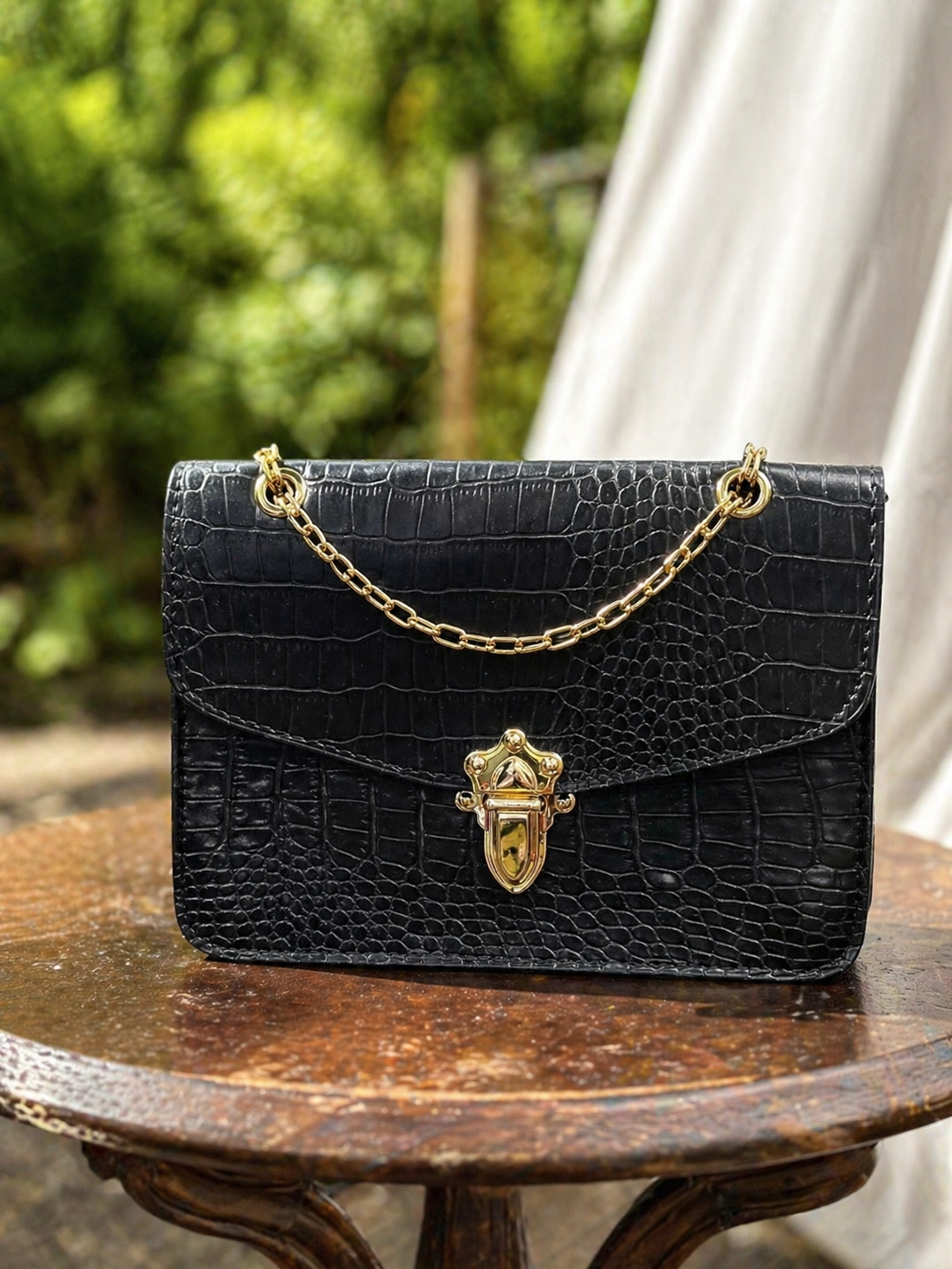 Croco Siyah Çanta Gold Zincirli Vintage
