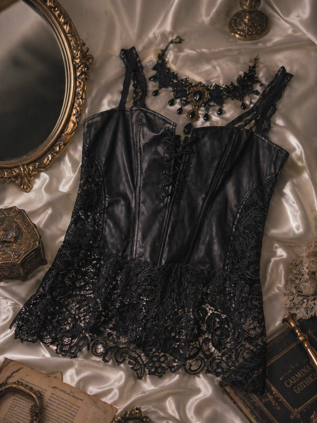 Goth Bağcıklı Dantel Deri Bustiyer