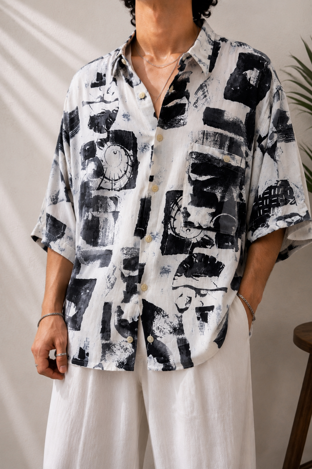 Kübik Motifli Oversize Gömlek