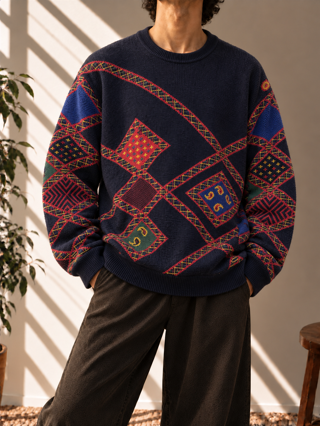 Şal Desenli Oversize Preppy Kazak