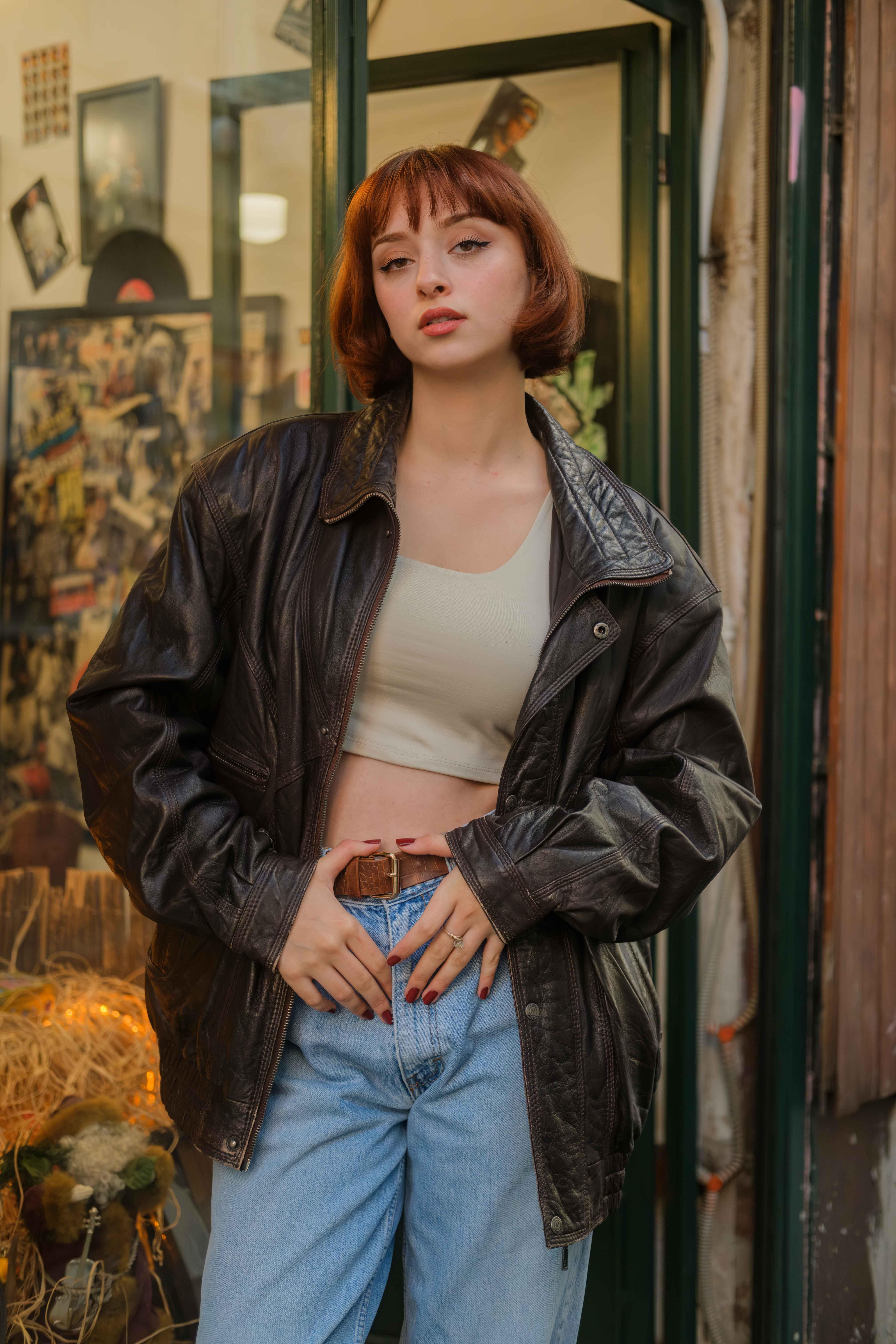 Vintage Acı Kahve Bomber Unisex Deri Ceket