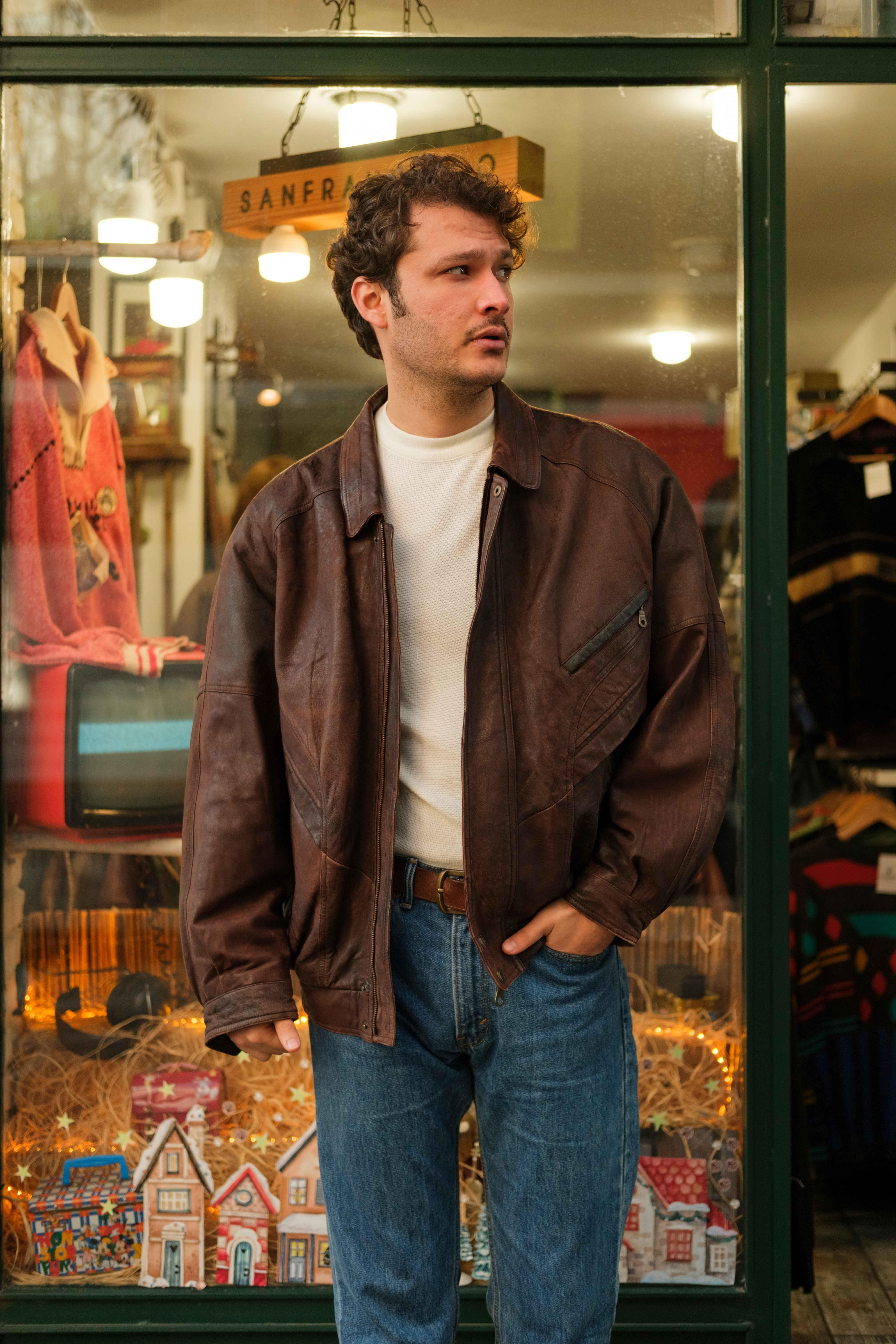 Vintage Acı Kahve Renk Bomber Unisex Deri Ceket