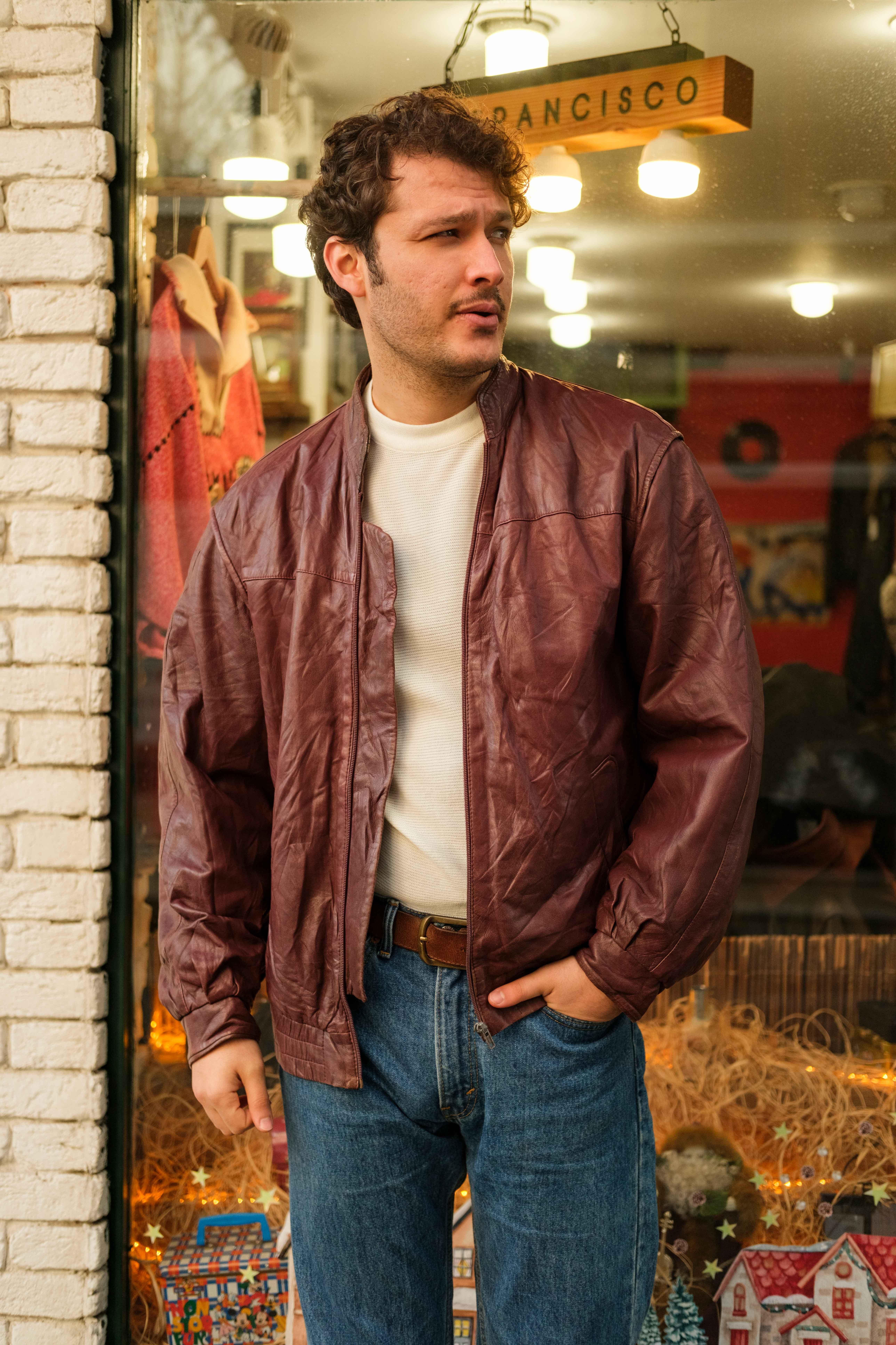 Vintage Bordo Renk Unisex Bomber Deri Ceket