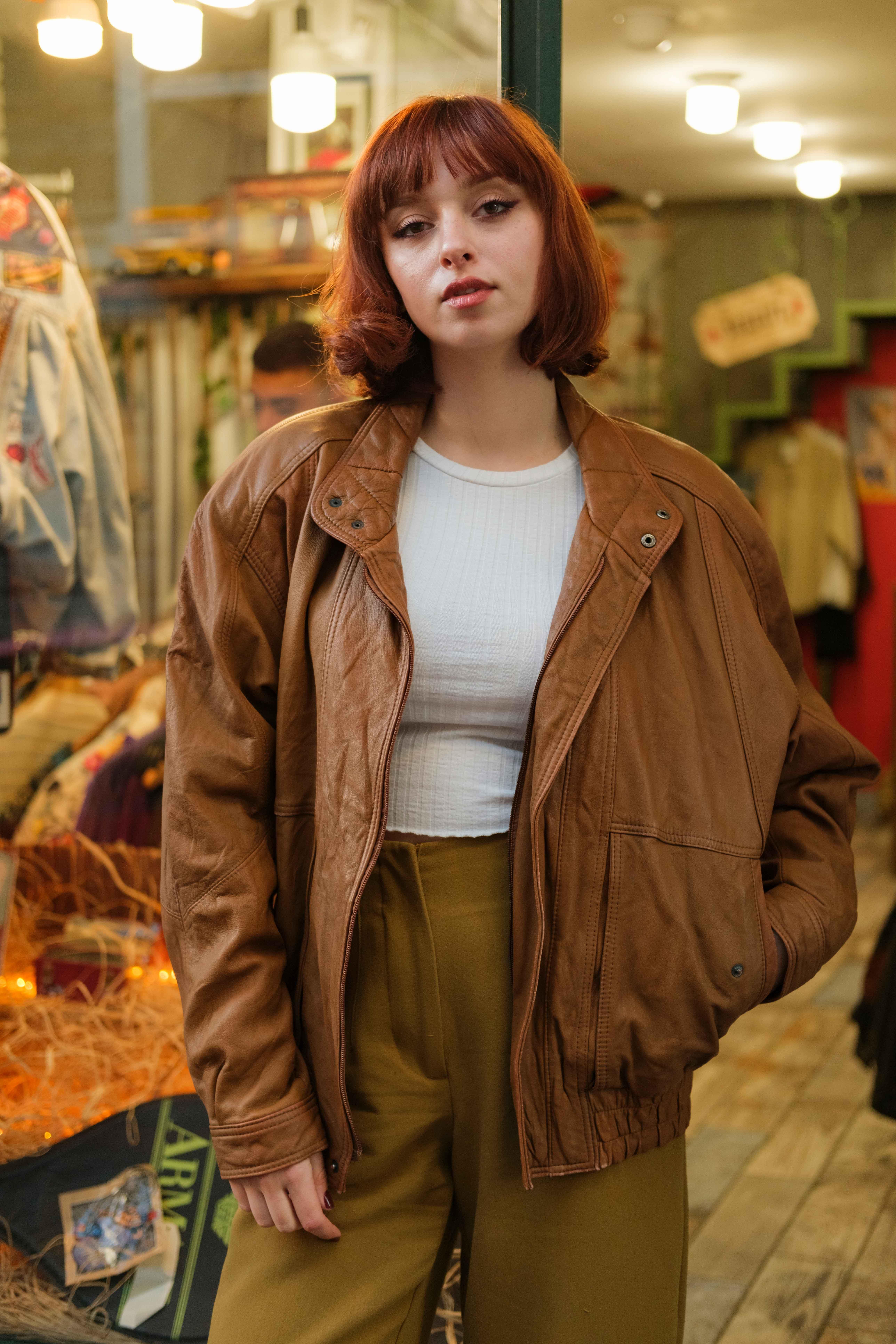 Vintage Camel Renk Bomber Unisex Deri Ceket