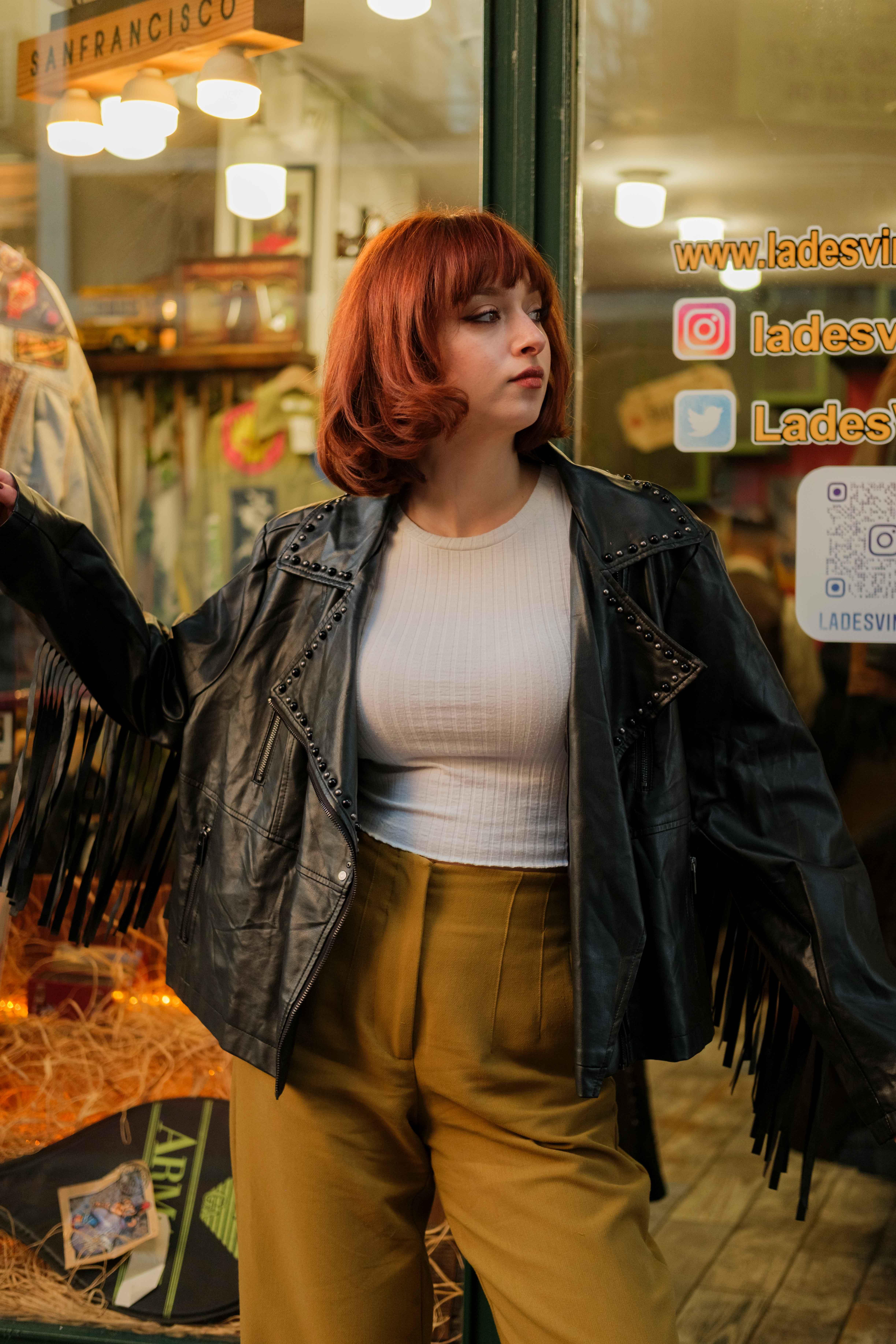 Vintage Cowboy Biker Model Püsküllü Kadın Deri Ceket