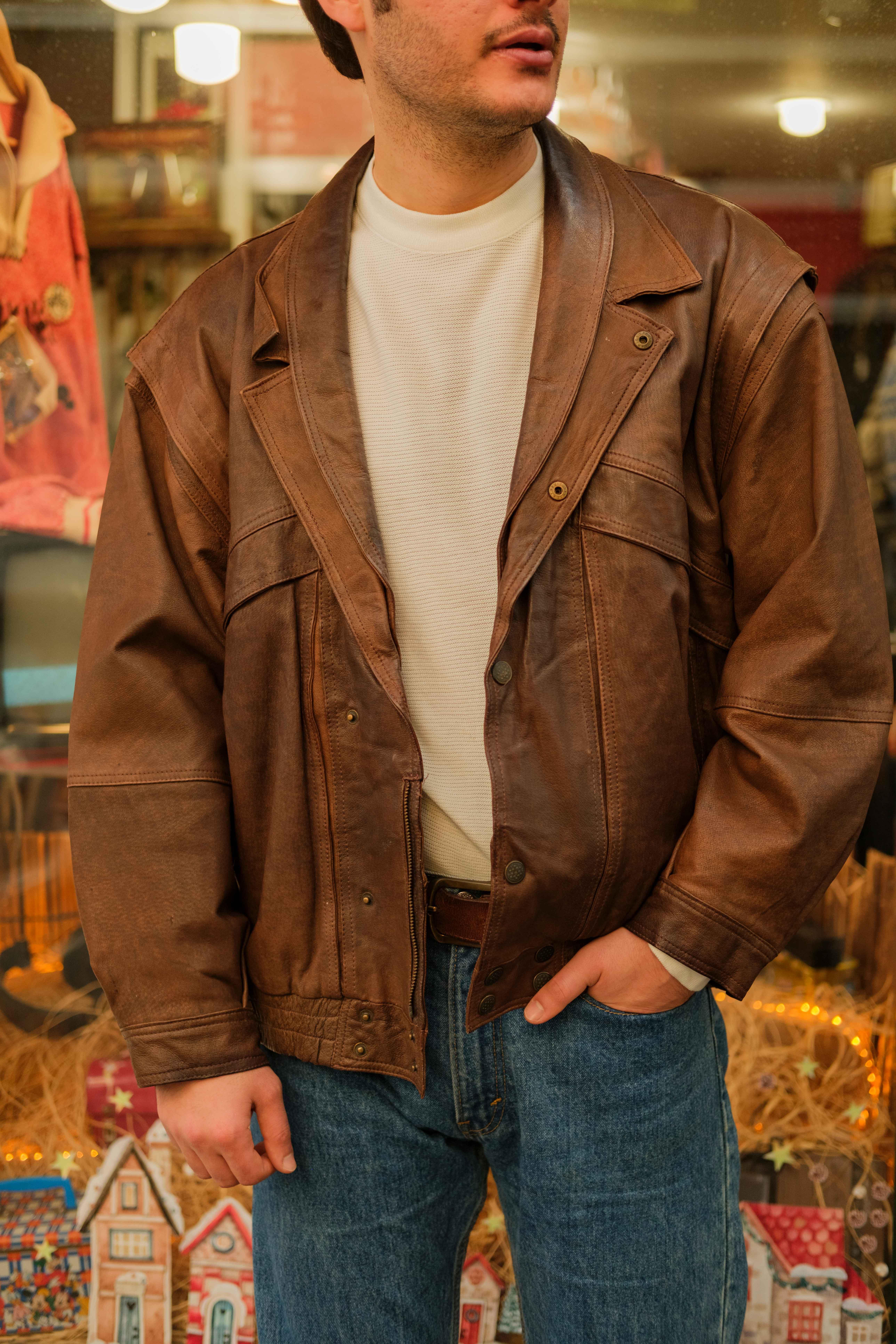 Vintage İtalian Model Unisex Bomber Deri Ceket