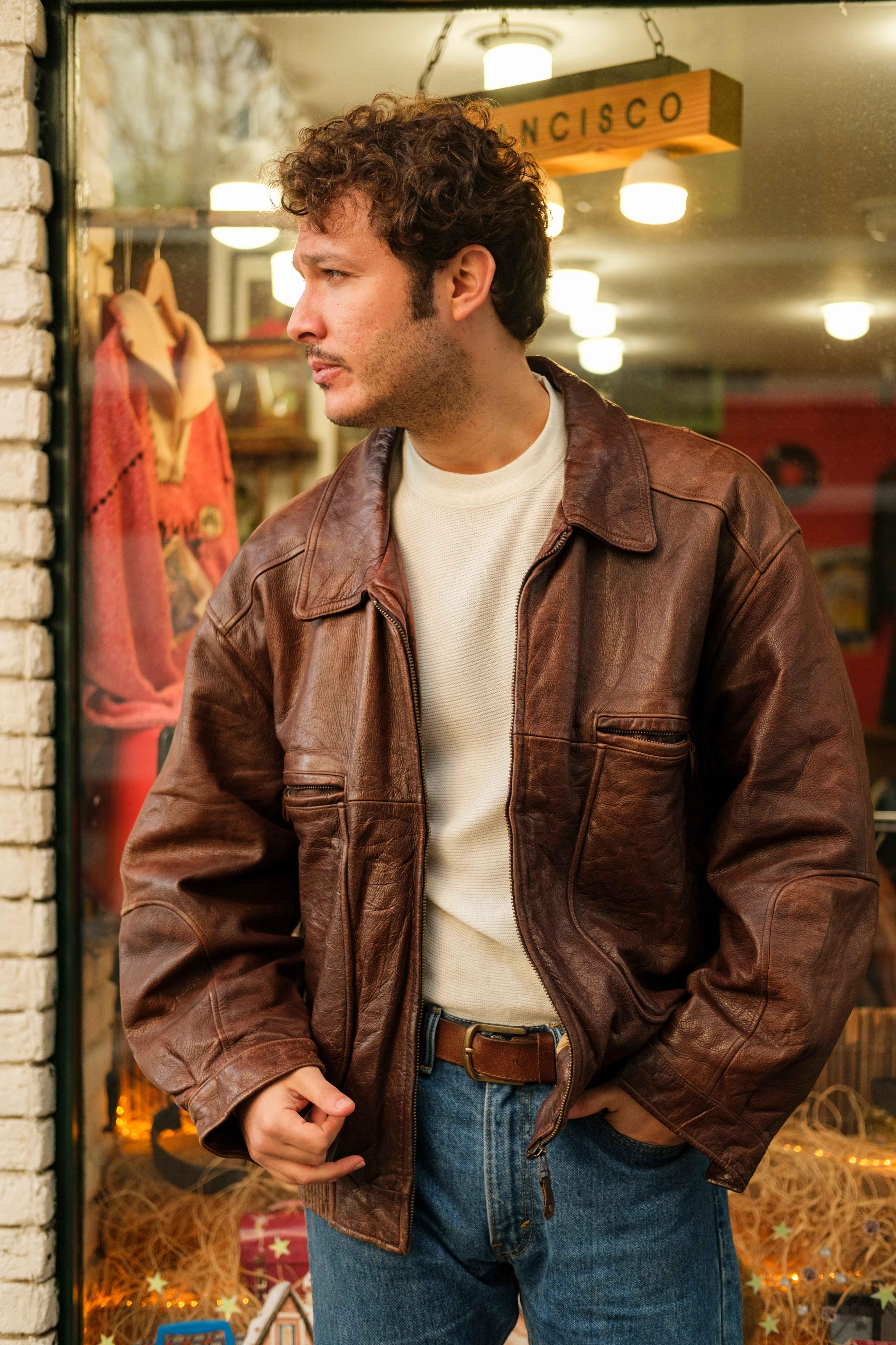 Vintage YORN Eskitme Coffe Bomber Unisex Deri Ceket