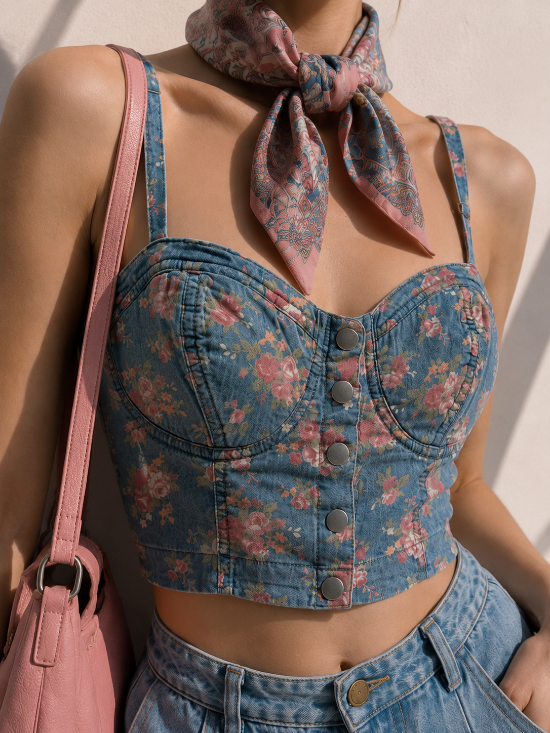 Y2K Çiçek Desenli  Denim Crop