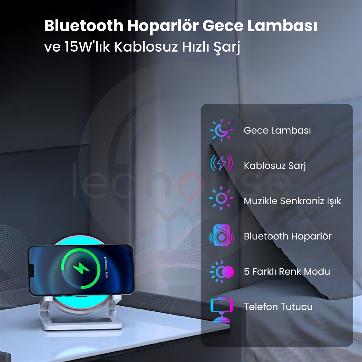 Bluetooth Hoparlör Kablosuz Hızlı Şarj Telefon Tutucu Gece Lambası
