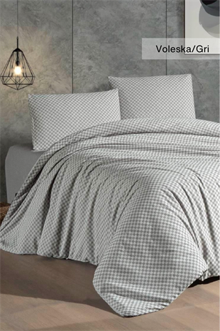 ÇİFT KİŞİLİK %100 PAMUK İPLİKTEN BOYALI NEVRESİM 200X220 ÇARŞAF 225X260 YASTIK KILIFI 50X70(2ADET)  VOLESKA GRİ
