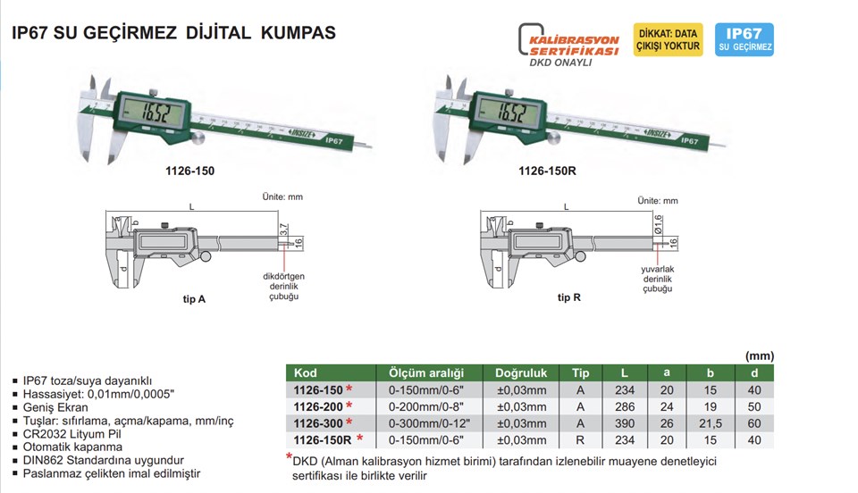 Insize 1126-150 Dijital Su Geçirmez Kumpas