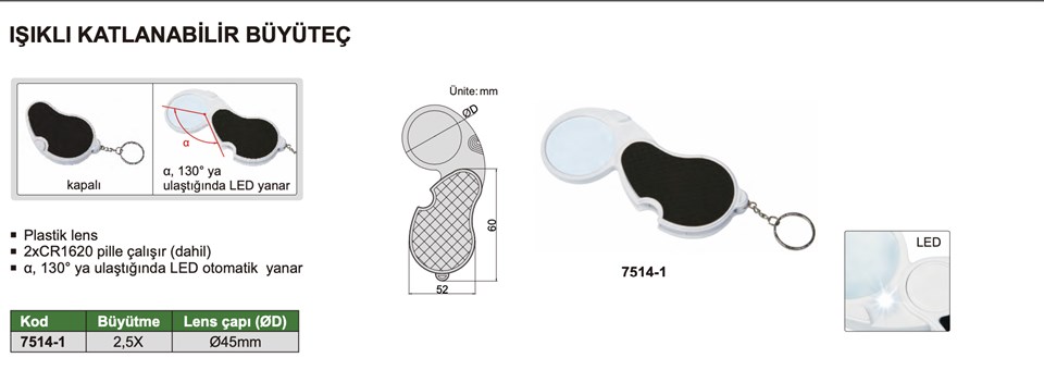 Insize 7514-1 Işıklı Katlanabilir Büyüteç (2.5X)