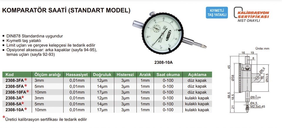 Insize 2308-10A Komparatör Saati Kulaklı Kapaklı  (Standart Model)