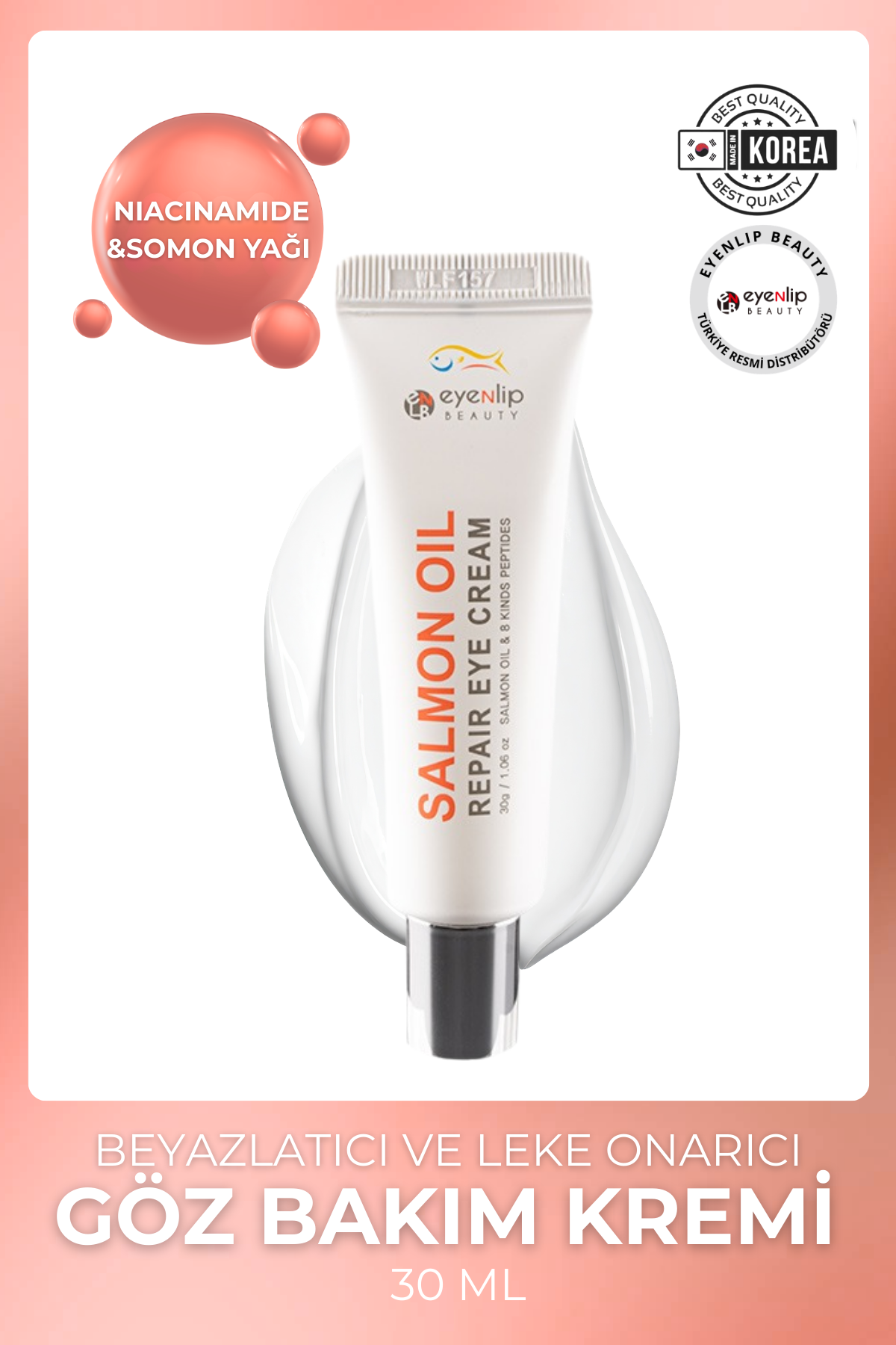 Eyenlip Beauty Somon Yağı ve Niacinamide  İçeren  Beyazlatıcı + Leke ve Kırışıklık Onarıcı Göz Kremi 30 ml