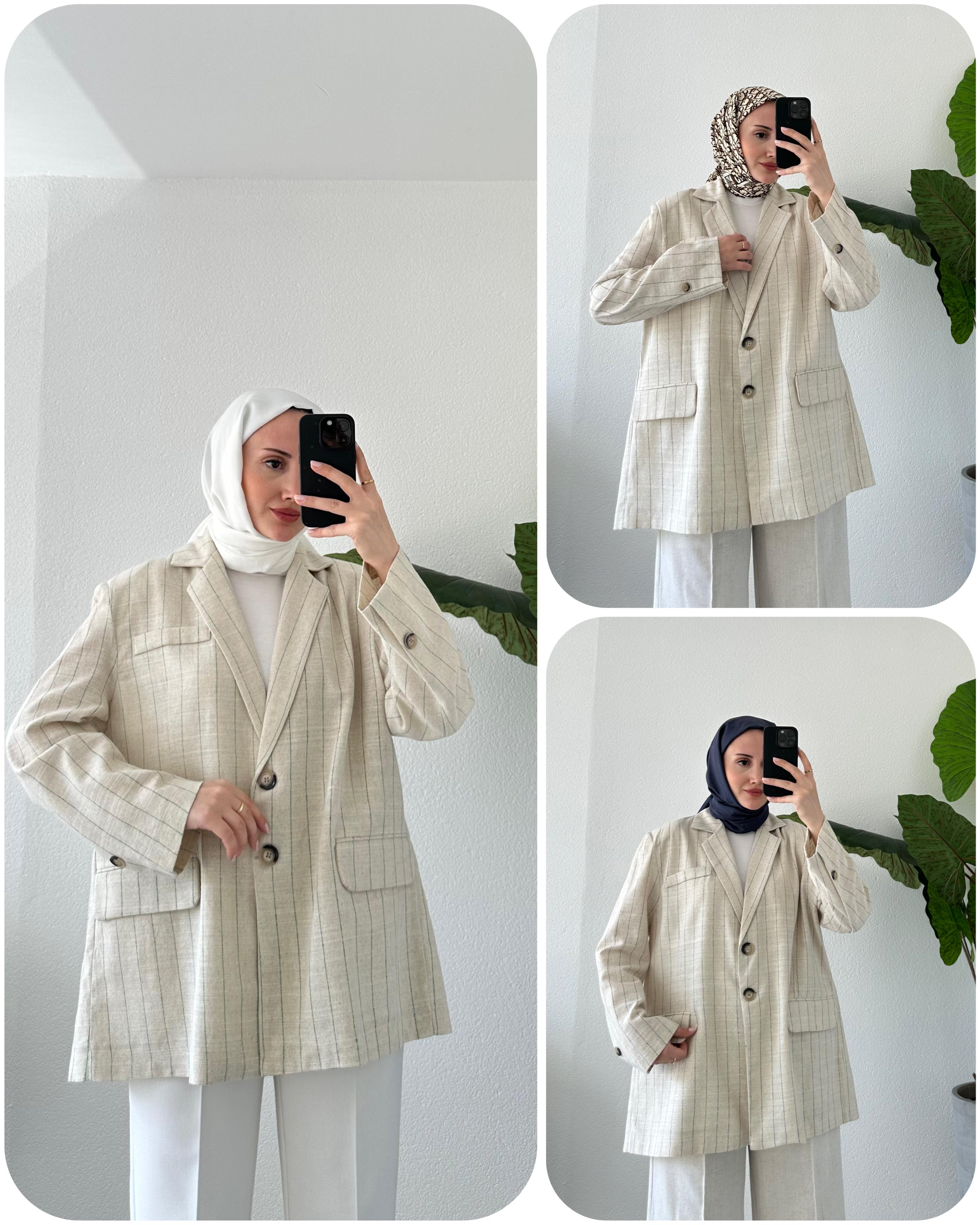 ÇİZGİLİ ASTARSIZ KETEN CEKET