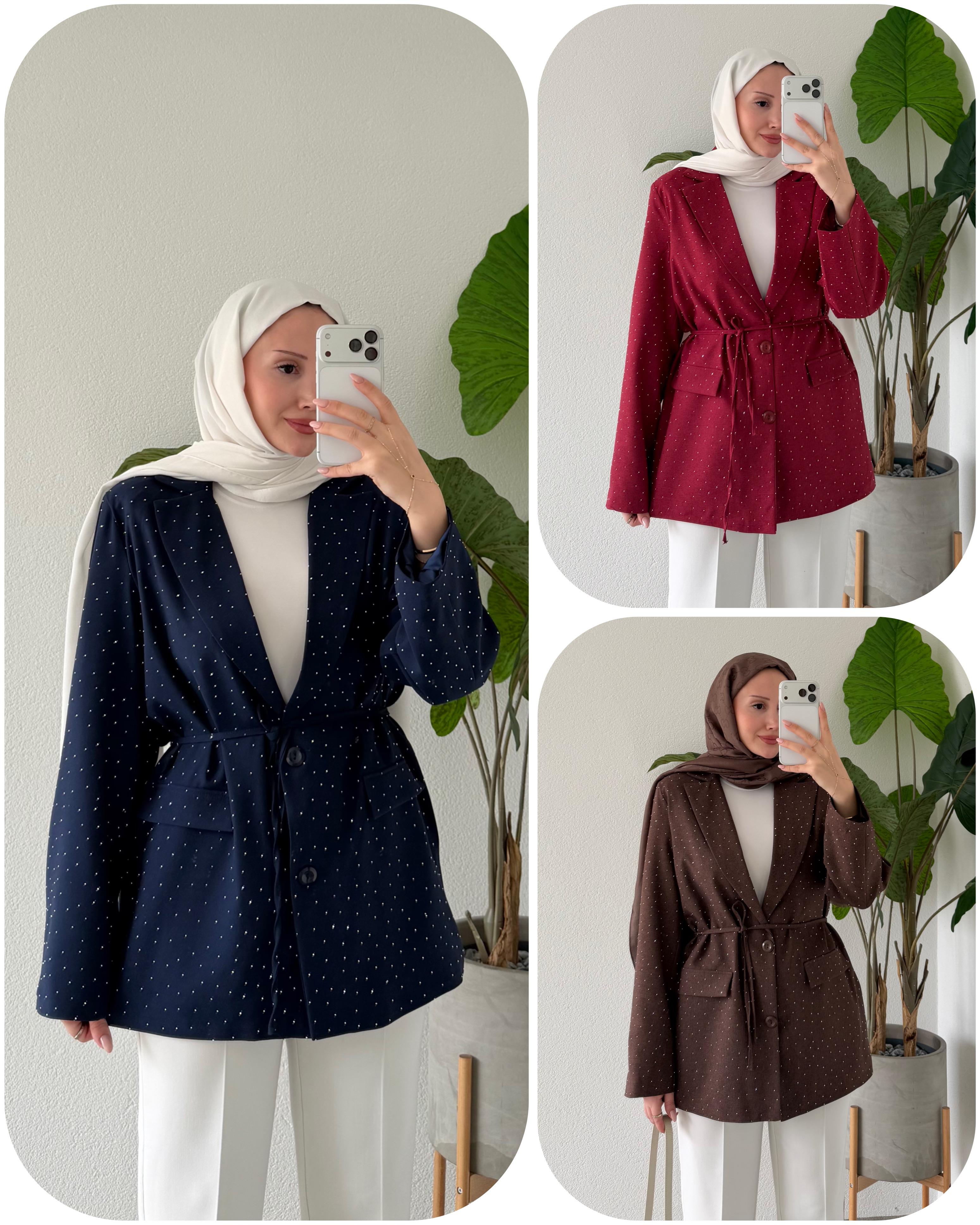 TAŞ BASKILI KUŞAKLI CEKET