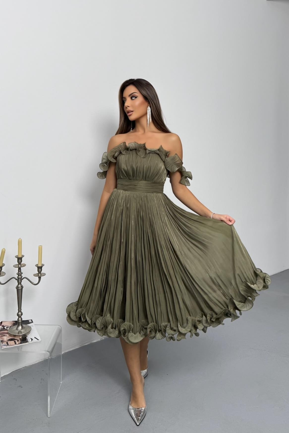 Fırfırlı Ve Büzgülü Kısa Elbise Organze - Haki