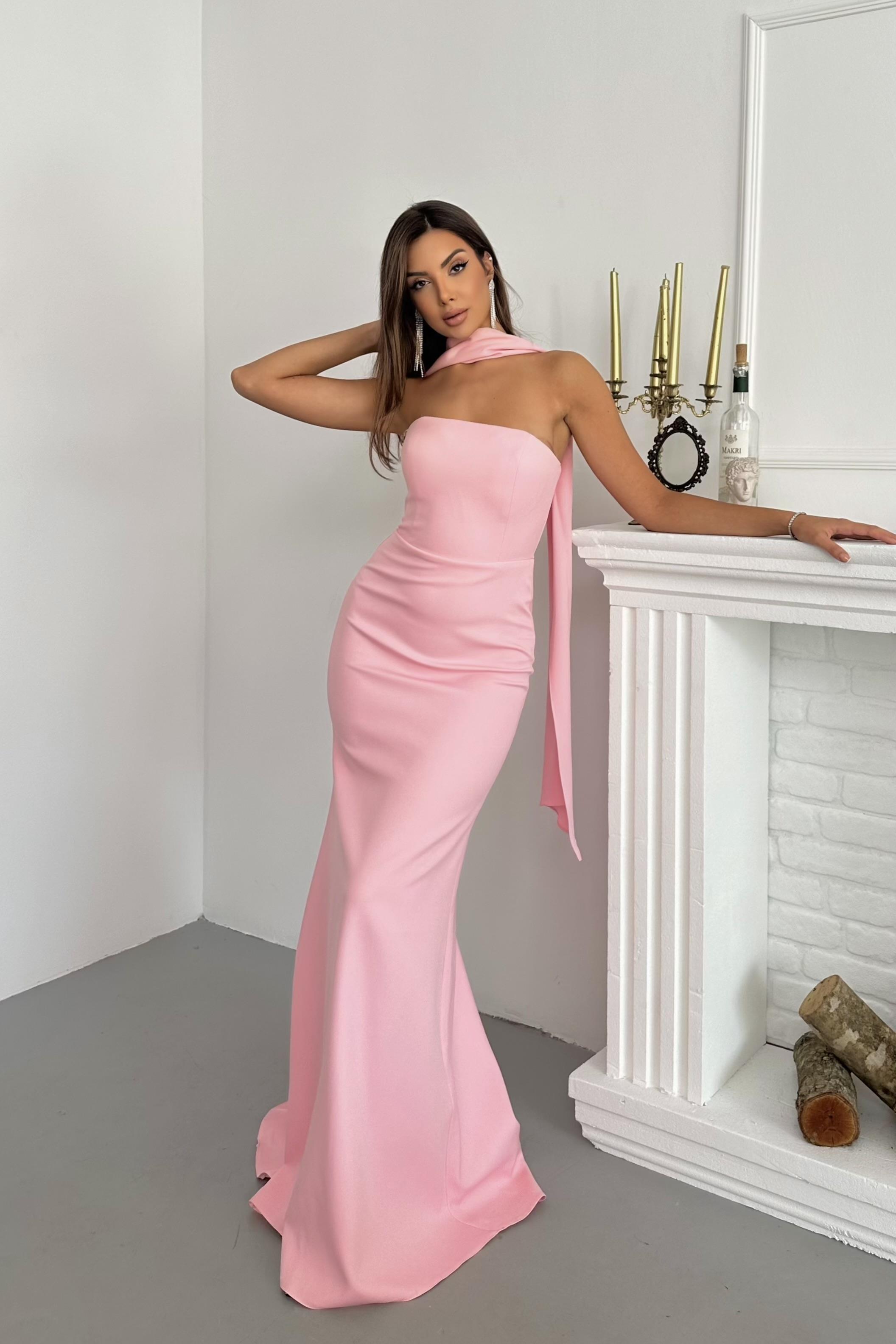 Şal Detaylı Krep Şık Tasarım Balık Abiye Elbise - Şeker Pembe