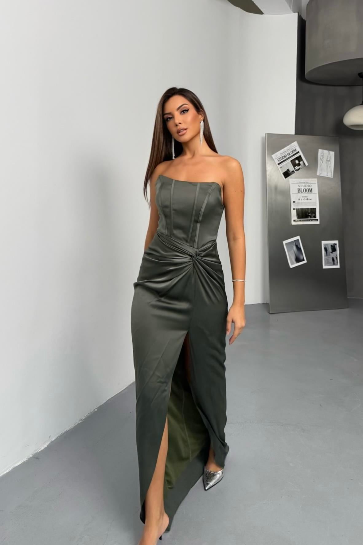 Bel Düğümlü Zara Saten Straplez Abiye Elbise - Koyu Yeşil