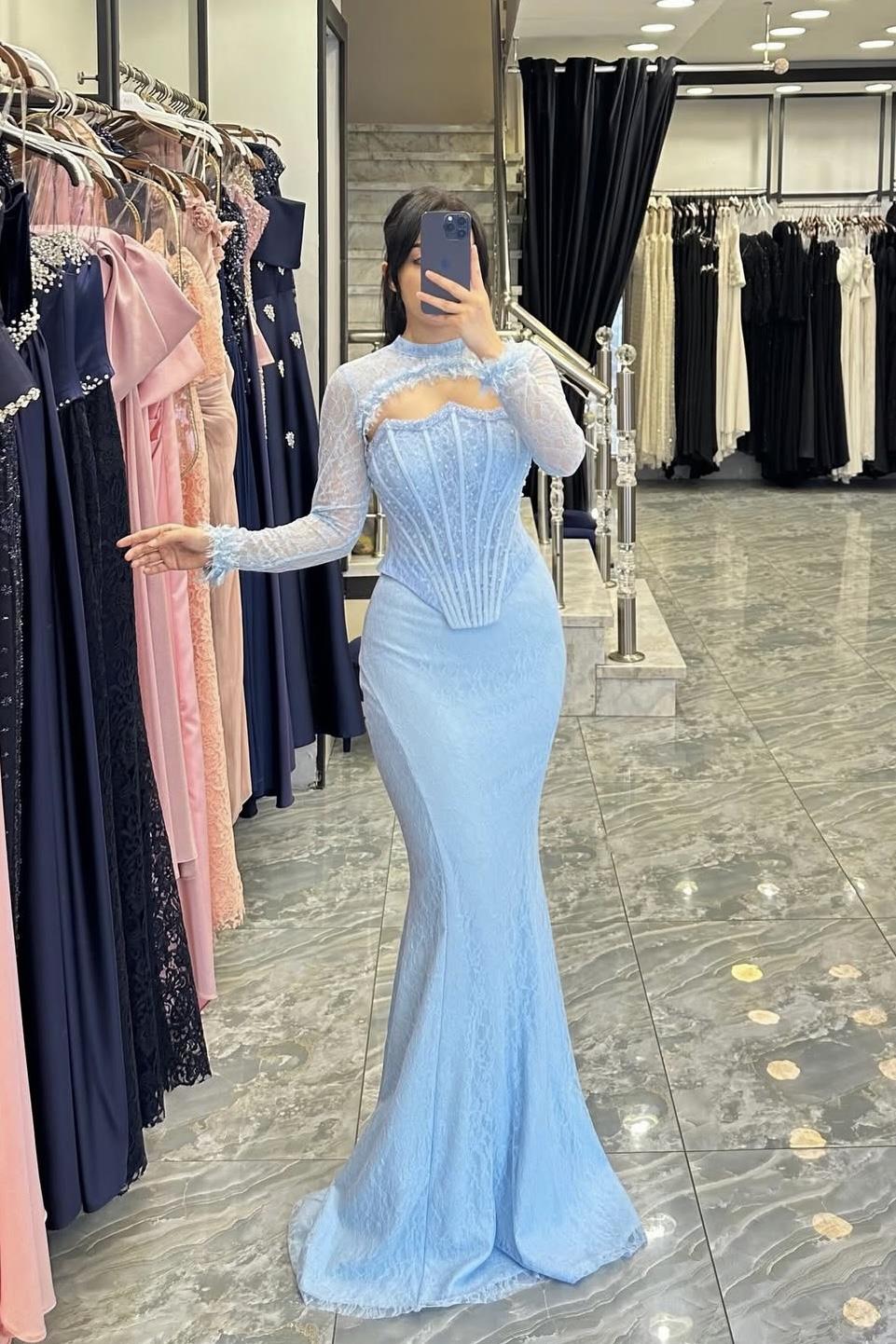 Bolerolu Ve Dantelli Balenli Şık Tasarım Abiye Elbise - Bebe Mavi