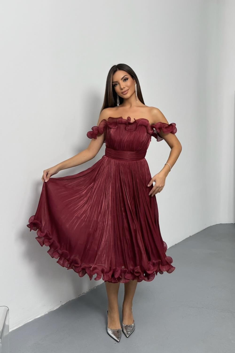 Fırfırlı Ve Büzgülü Kısa Elbise Organze - Bordo