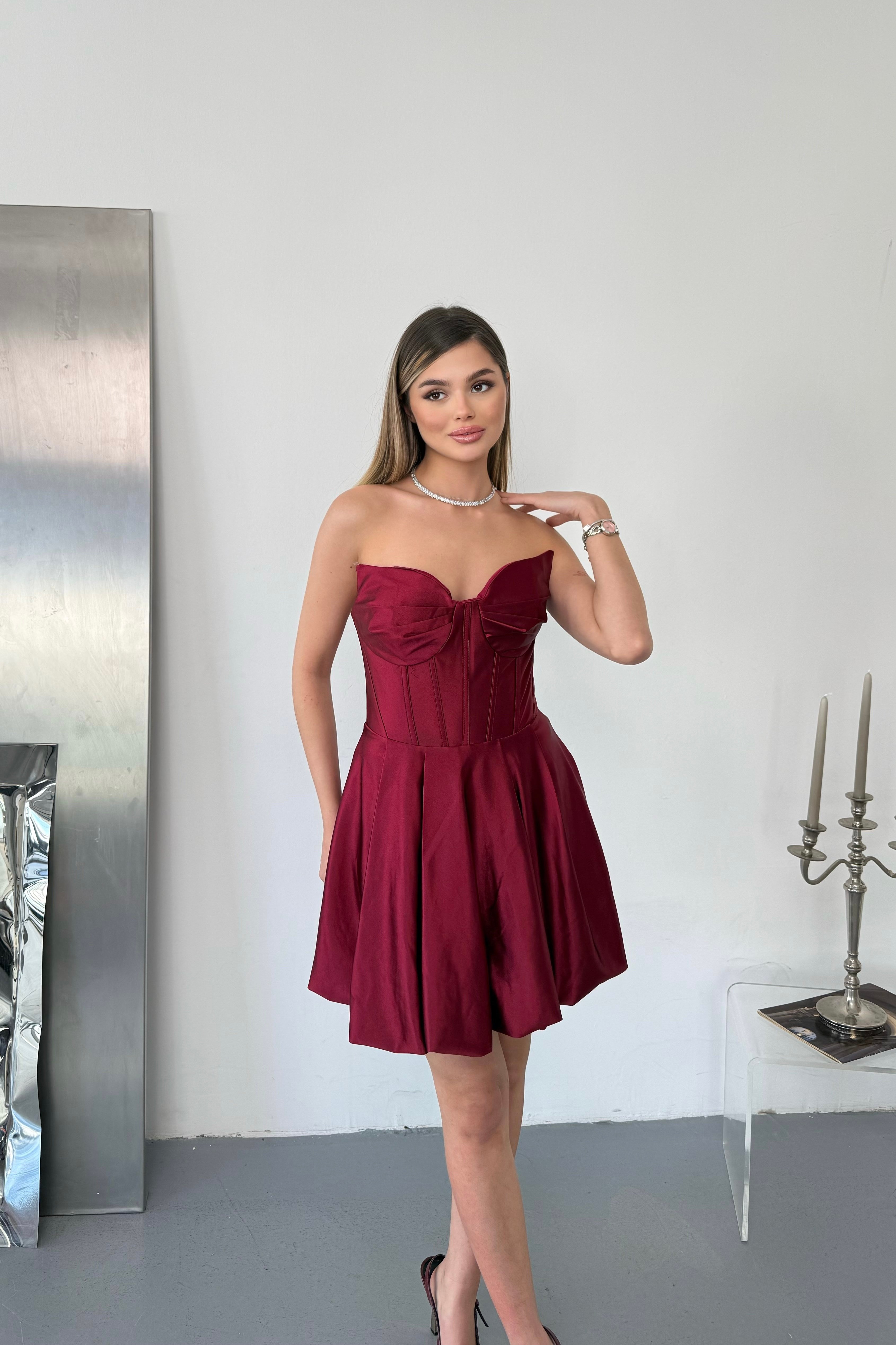 Kedi Kulak Örme Saten Balon Etekli Ve Balenli Mini Kısa Elbise - Bordo