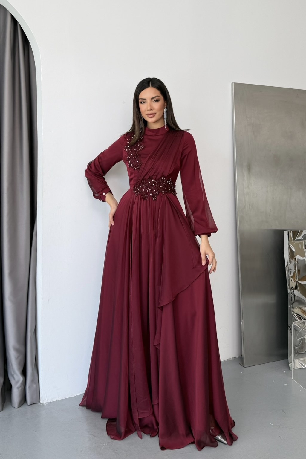 Mihrimah Janjan Lüx Tesettür Abiye - Bordo