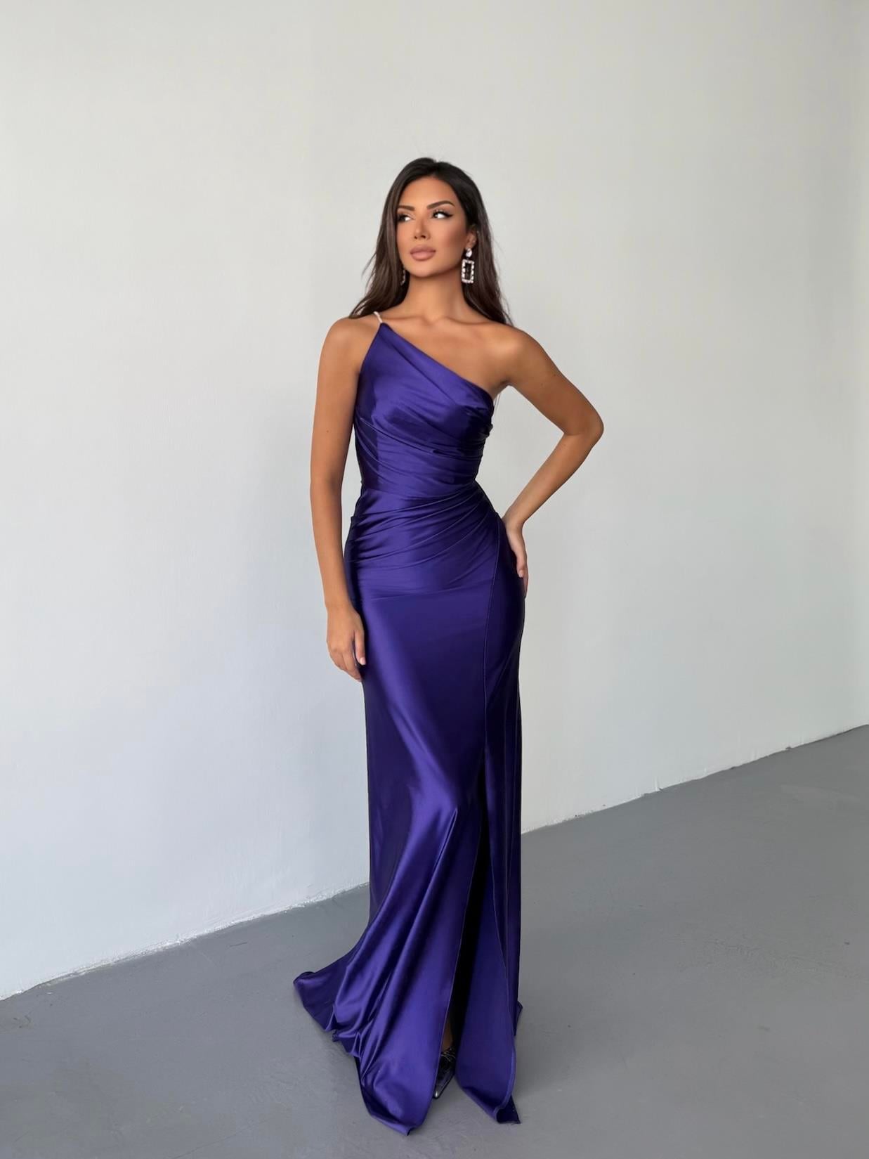 Örme Saten Parlak Tek Omuz Düz Abiye Elbise - Mor