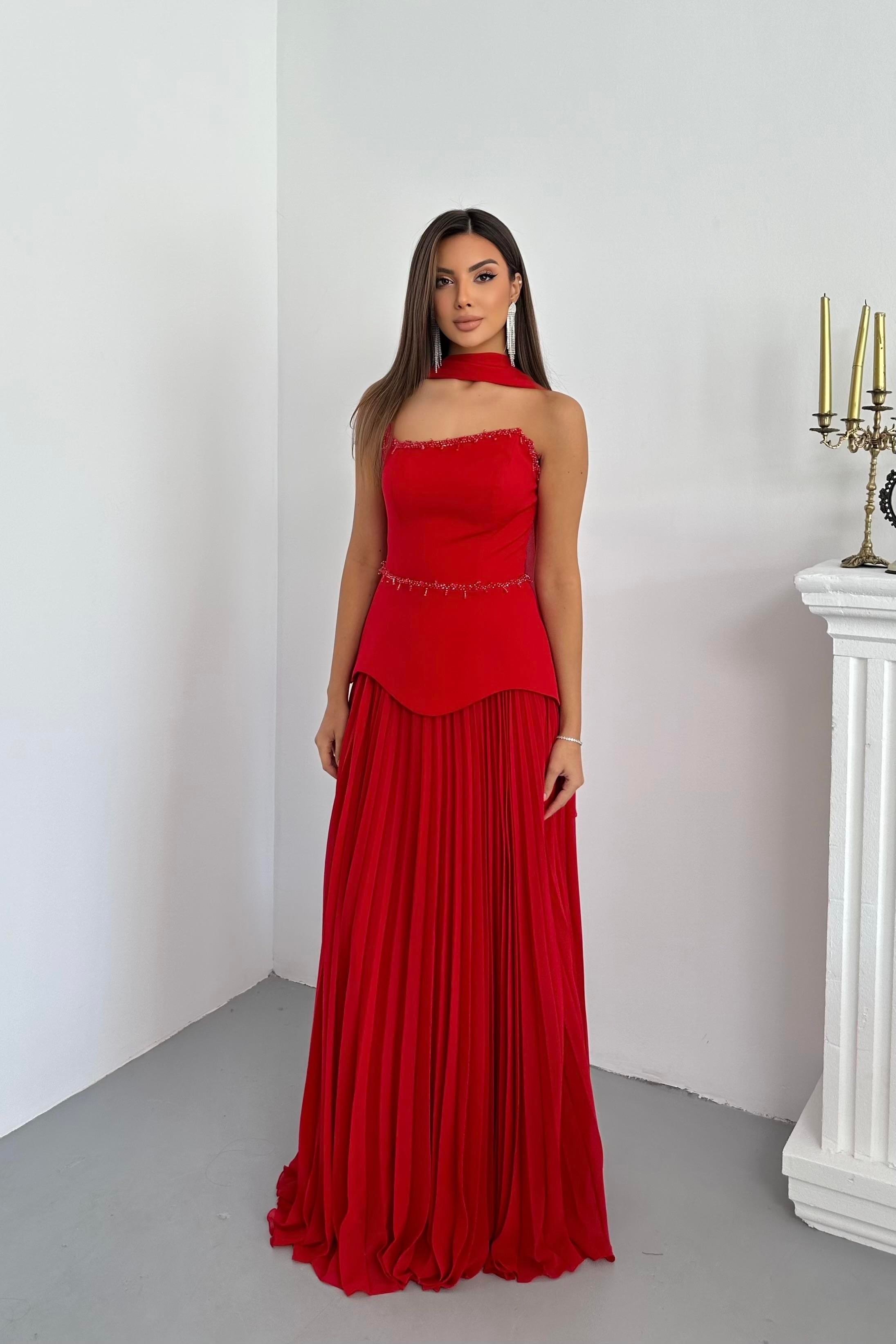 Piliseli Krep İşlemeli Alt Şifon Tek Parça Şallı Abiye Elbise - Kırmızı