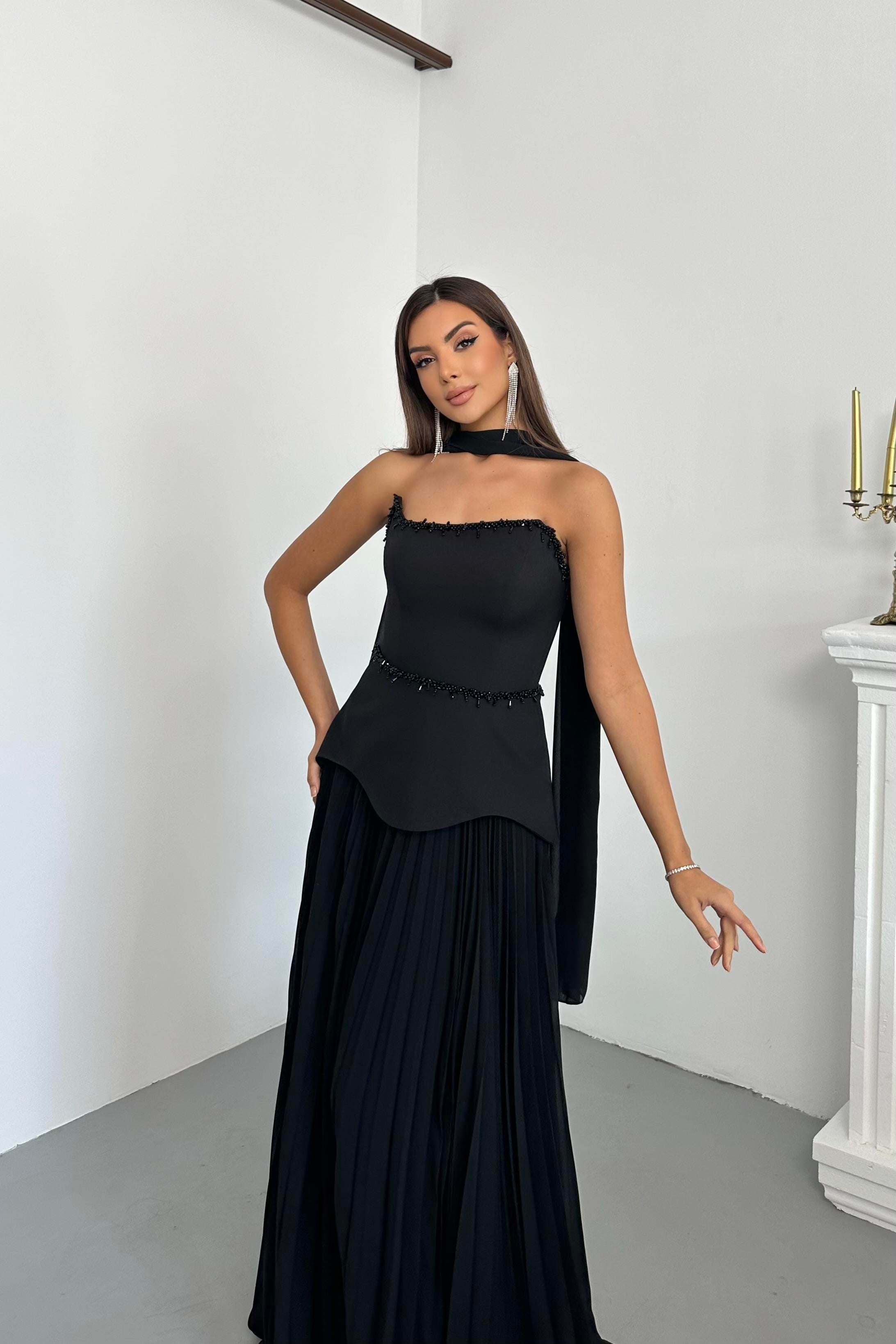 Piliseli Krep İşlemeli Alt Şifon Tek Parça Şallı Abiye Elbise - Siyah