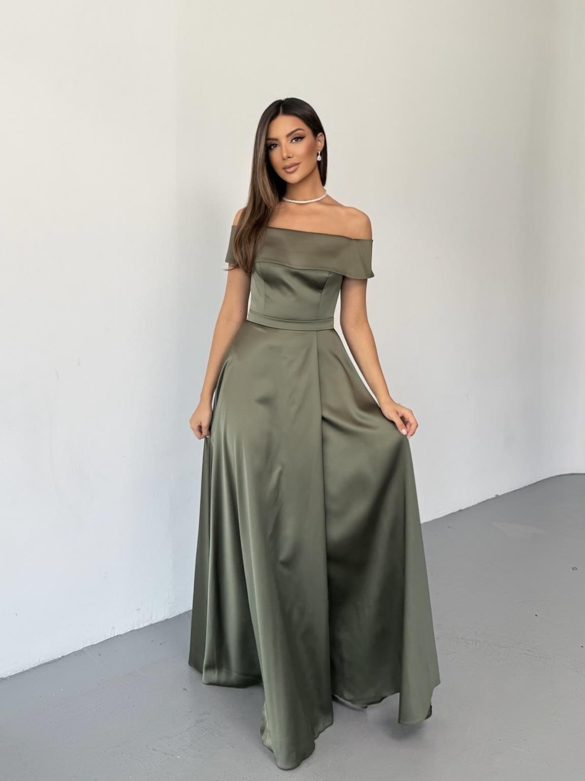 Saten Düz Straplez Bel Şeritli Abiye Elbise - Haki