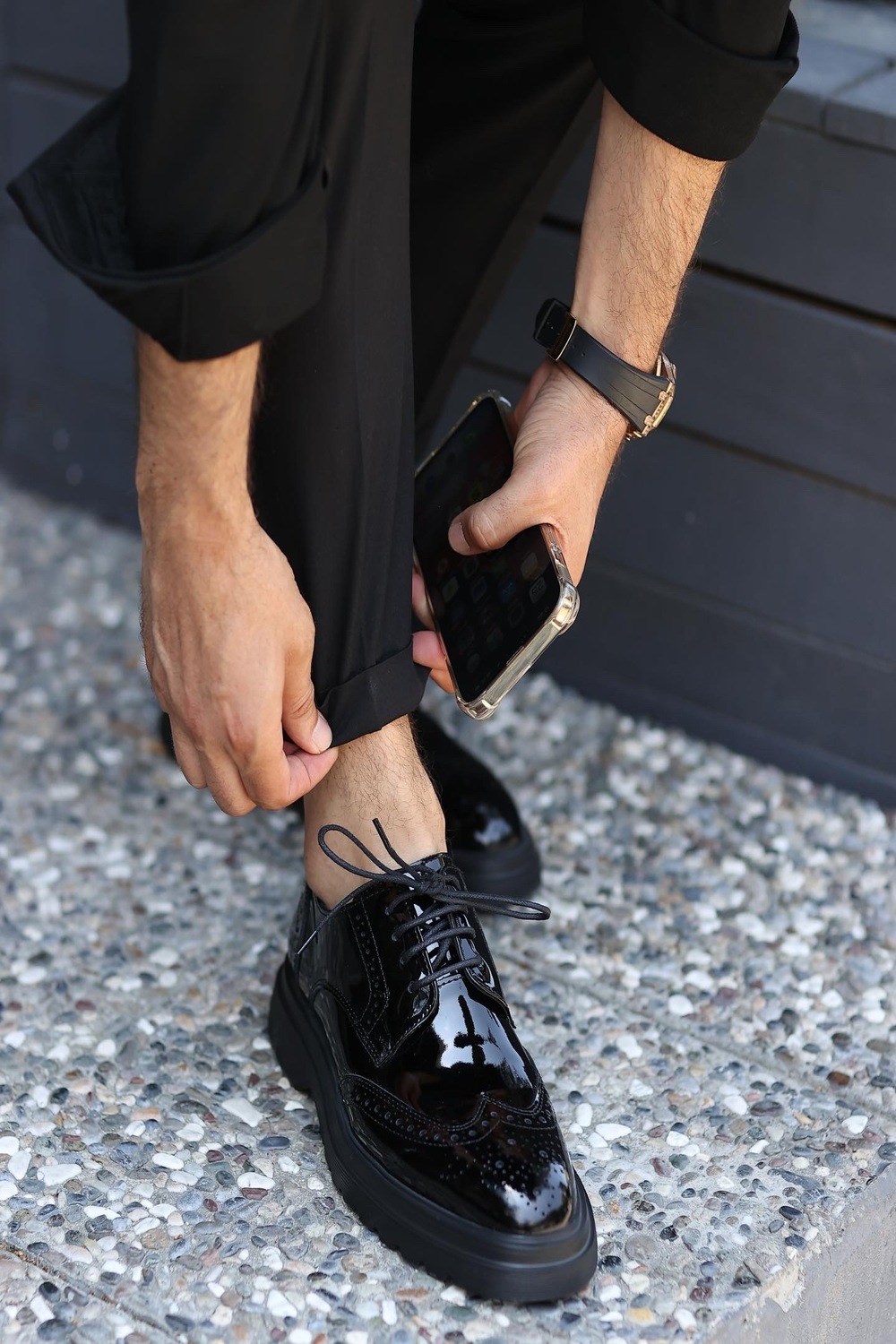 Serhat Özköroğlu - Siyah Rugan Deri Bağcıklı Klasik Erkek Ayakkabı