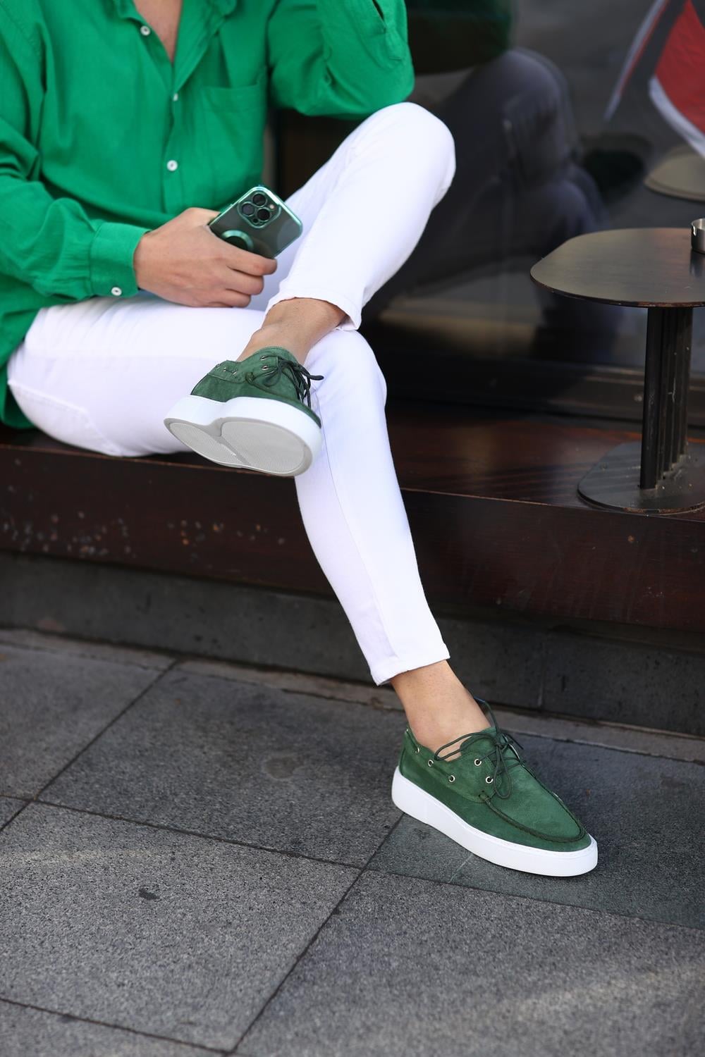 Serhat Özköroğlu - Yeşil Süet Bağcıklı  Sneakers Erkek  Ayakkabı Yeşil Süet