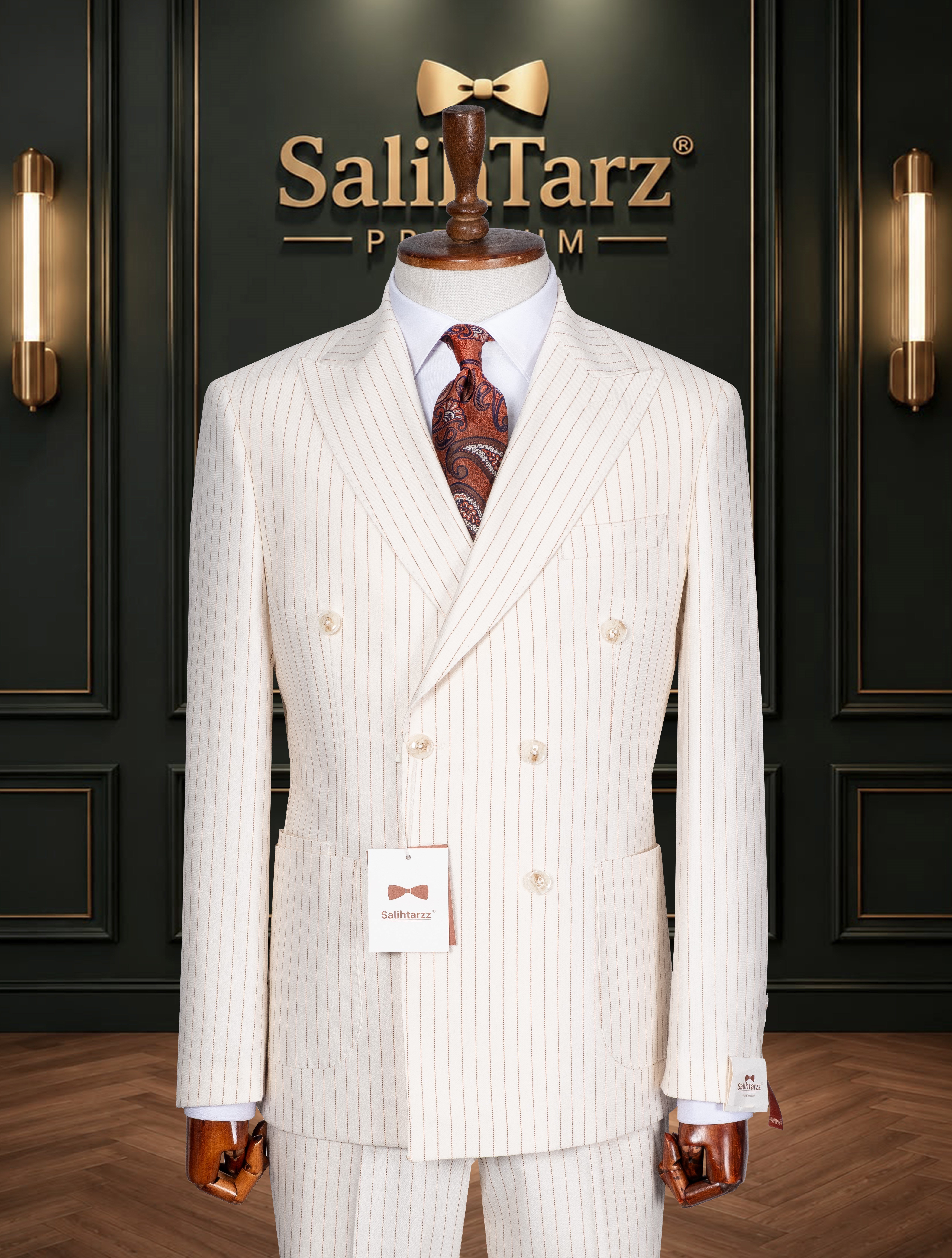 Beyaz Çizgili Premium Kruvaze Torba Takım Elbise SD42469