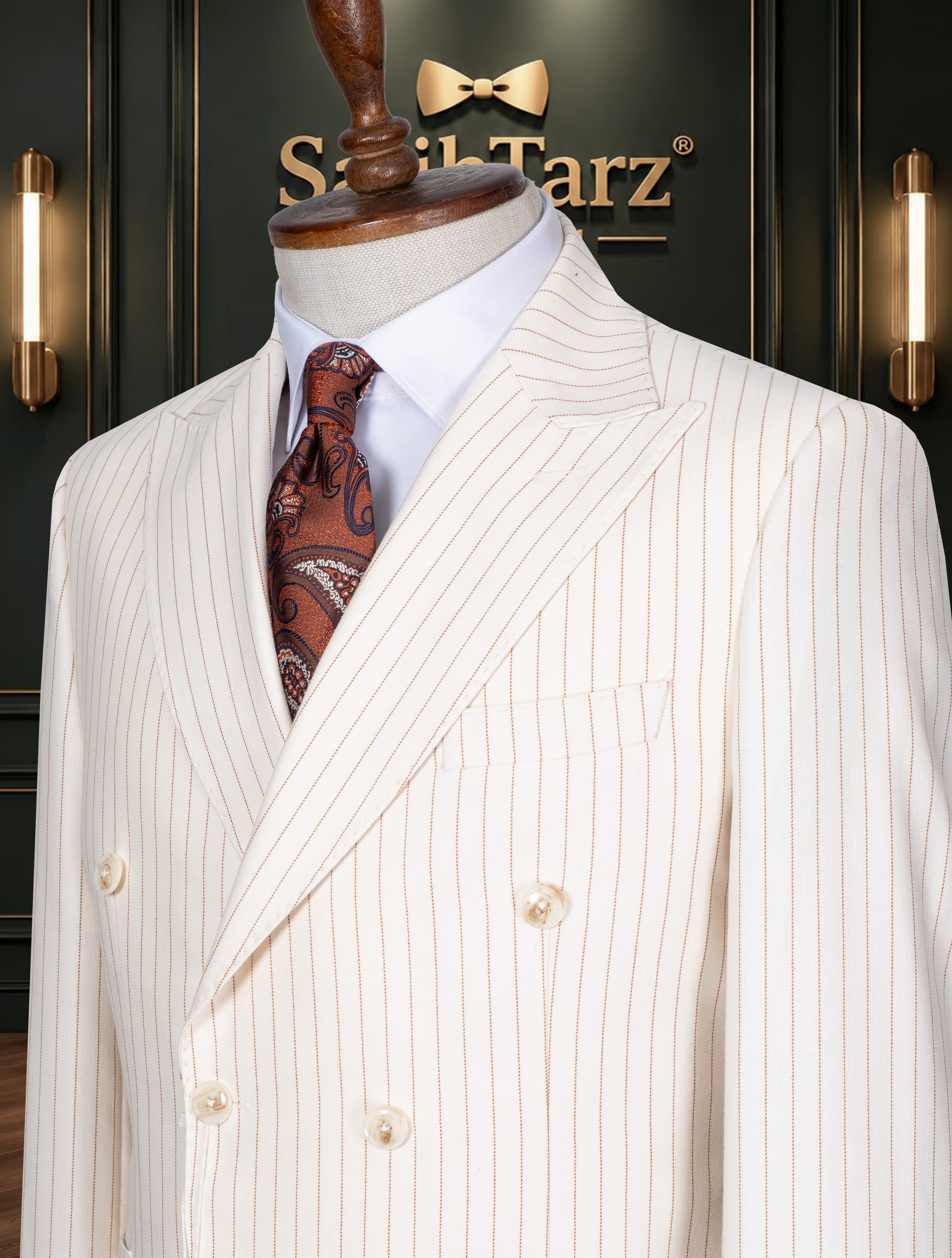 Beyaz Çizgili Premium Kruvaze Torba Takım Elbise SD42469