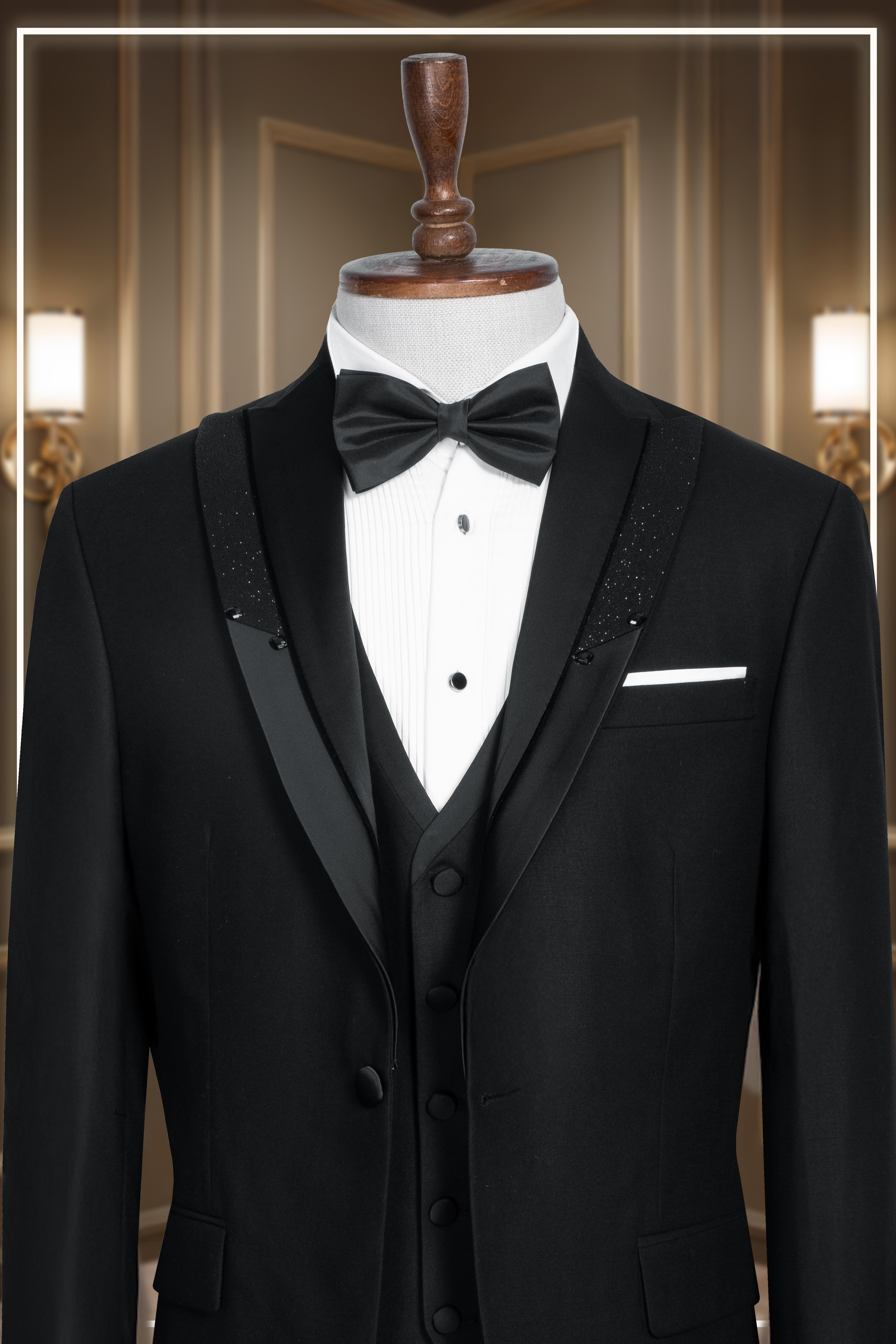 Damatlık İtalyan Kesim Slim Fit Yelekli Simli Krılangıç Yaka Siyah SD42359