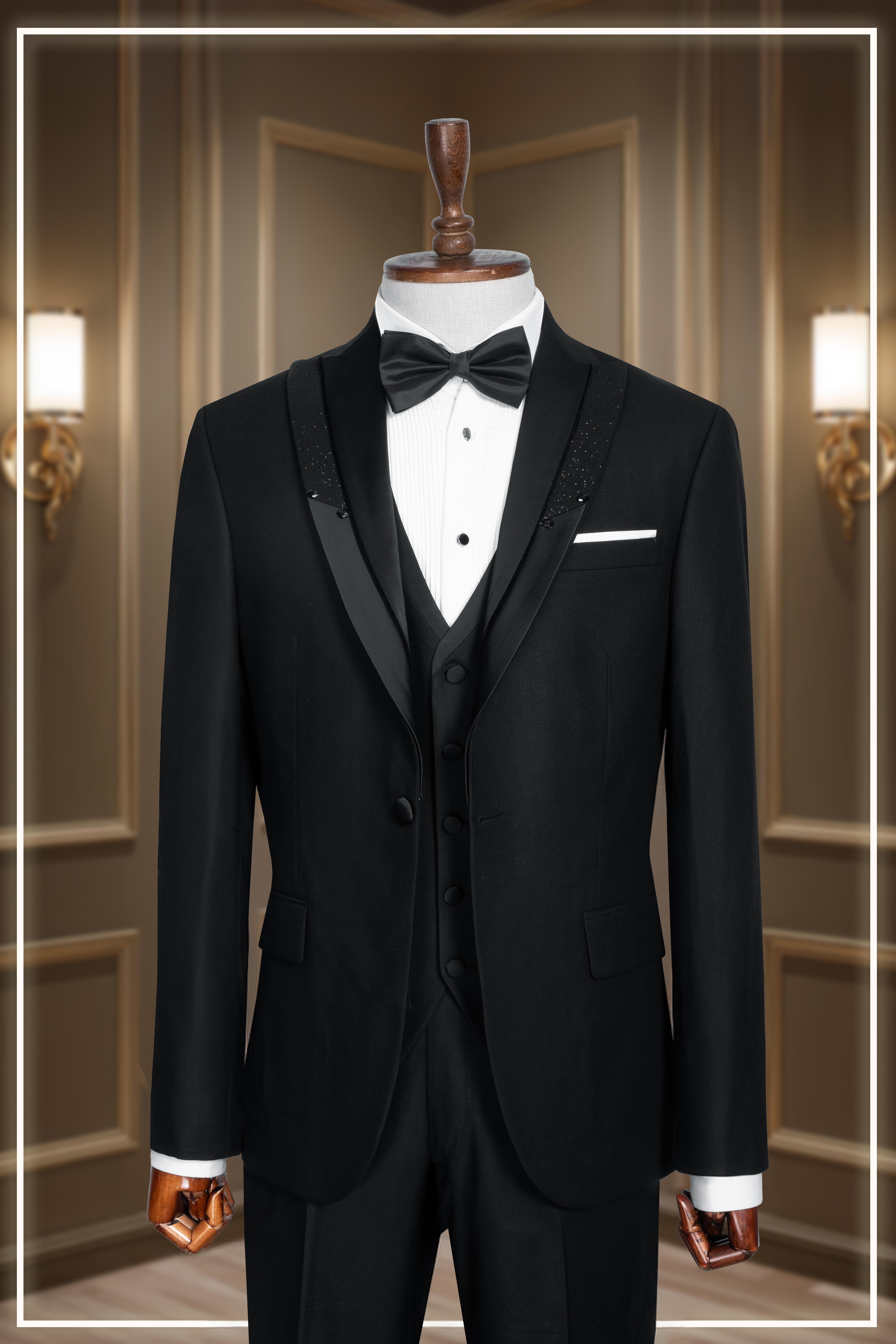 Damatlık İtalyan Kesim Slim Fit Yelekli Simli Krılangıç Yaka Siyah SD42359