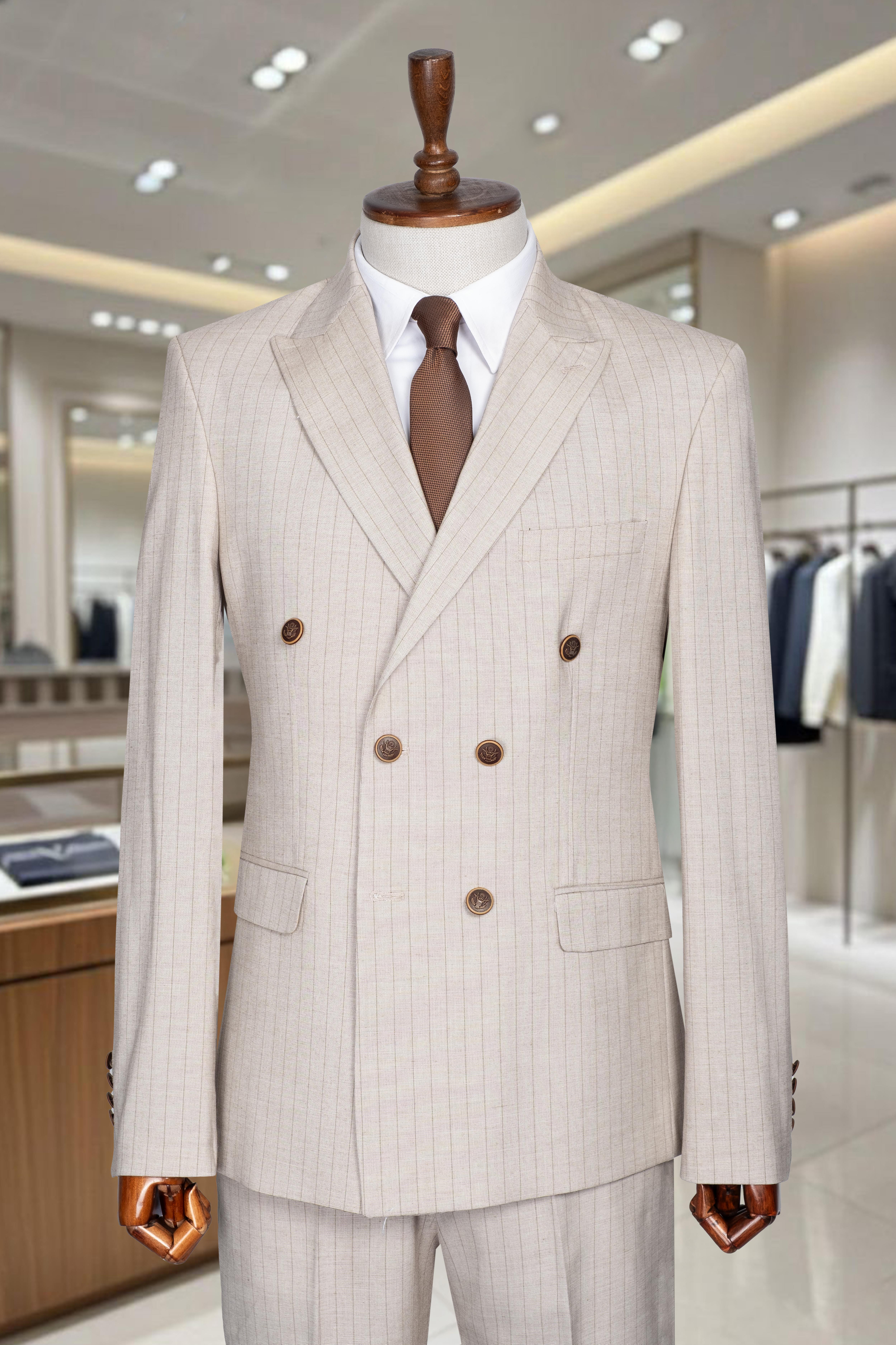 İtalyan Kesim Slim Fit Çizgili Açık Bej Kruvaze Takım Elbise – SD42298