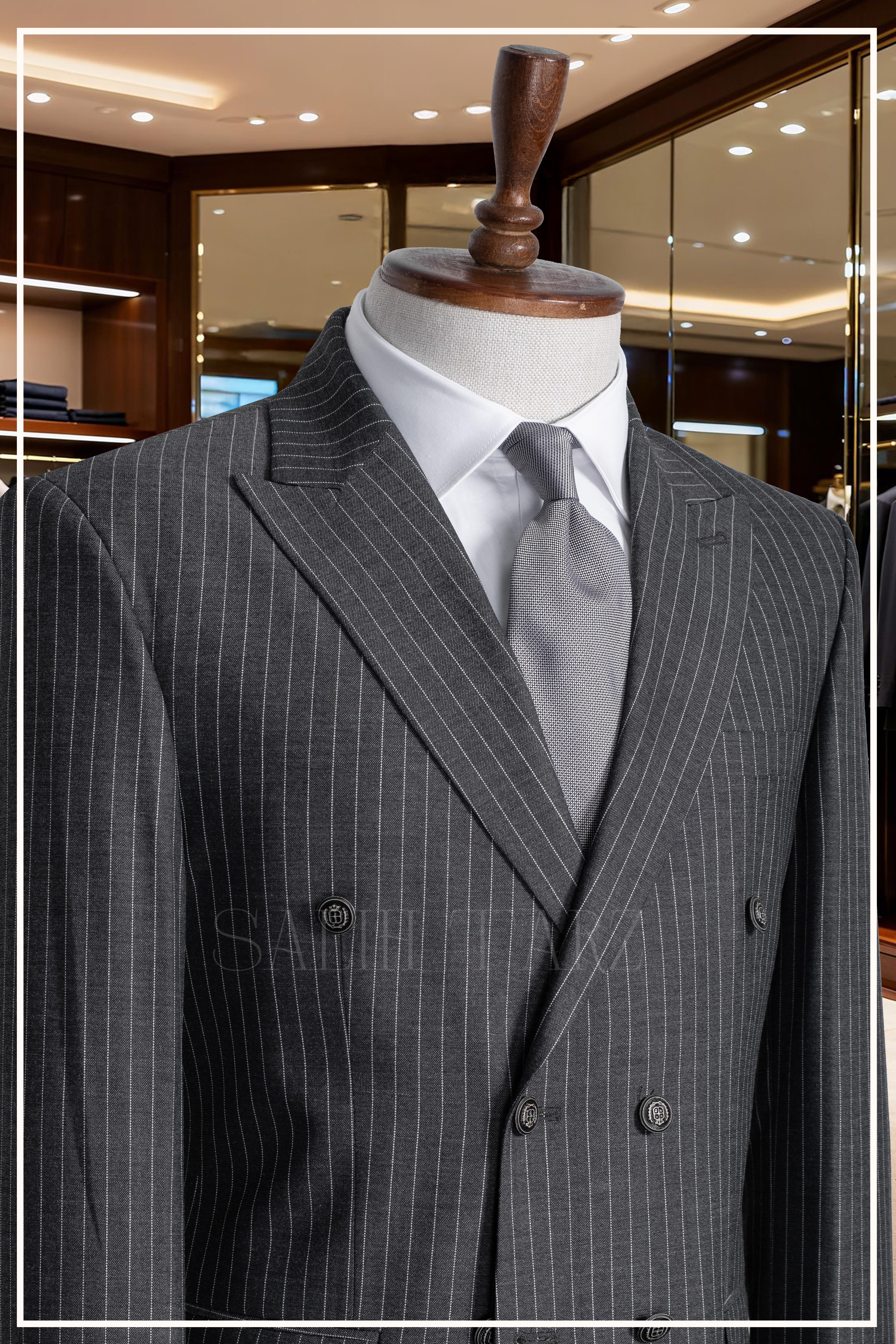 İtalyan Kesim Slim Fit Çizgili Füme Kruvaze Takım Elbise – SD42344