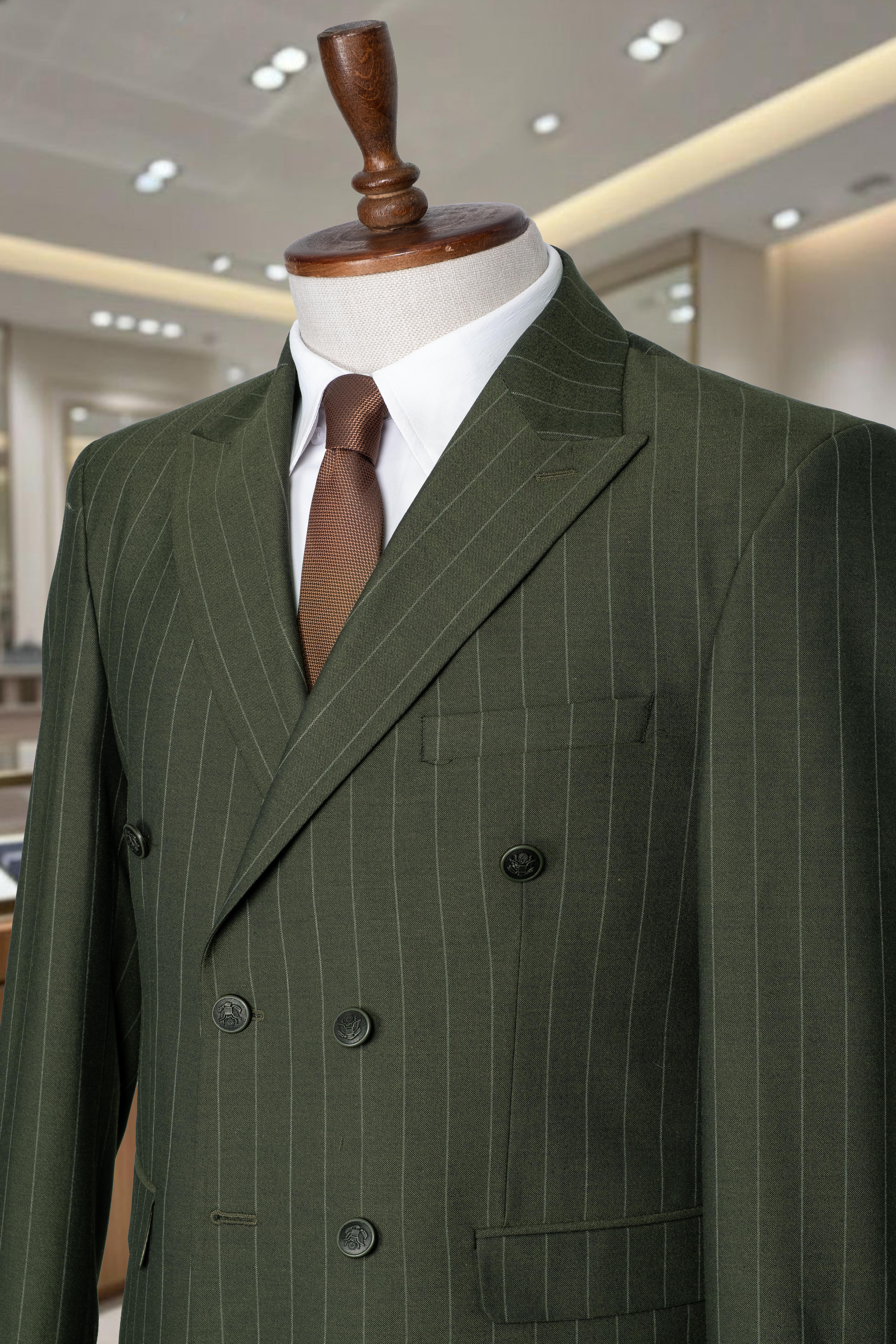 İtalyan Kesim Slim Fit Çizgili Haki Yeşil Kruvaze Takım Elbise – SD42304