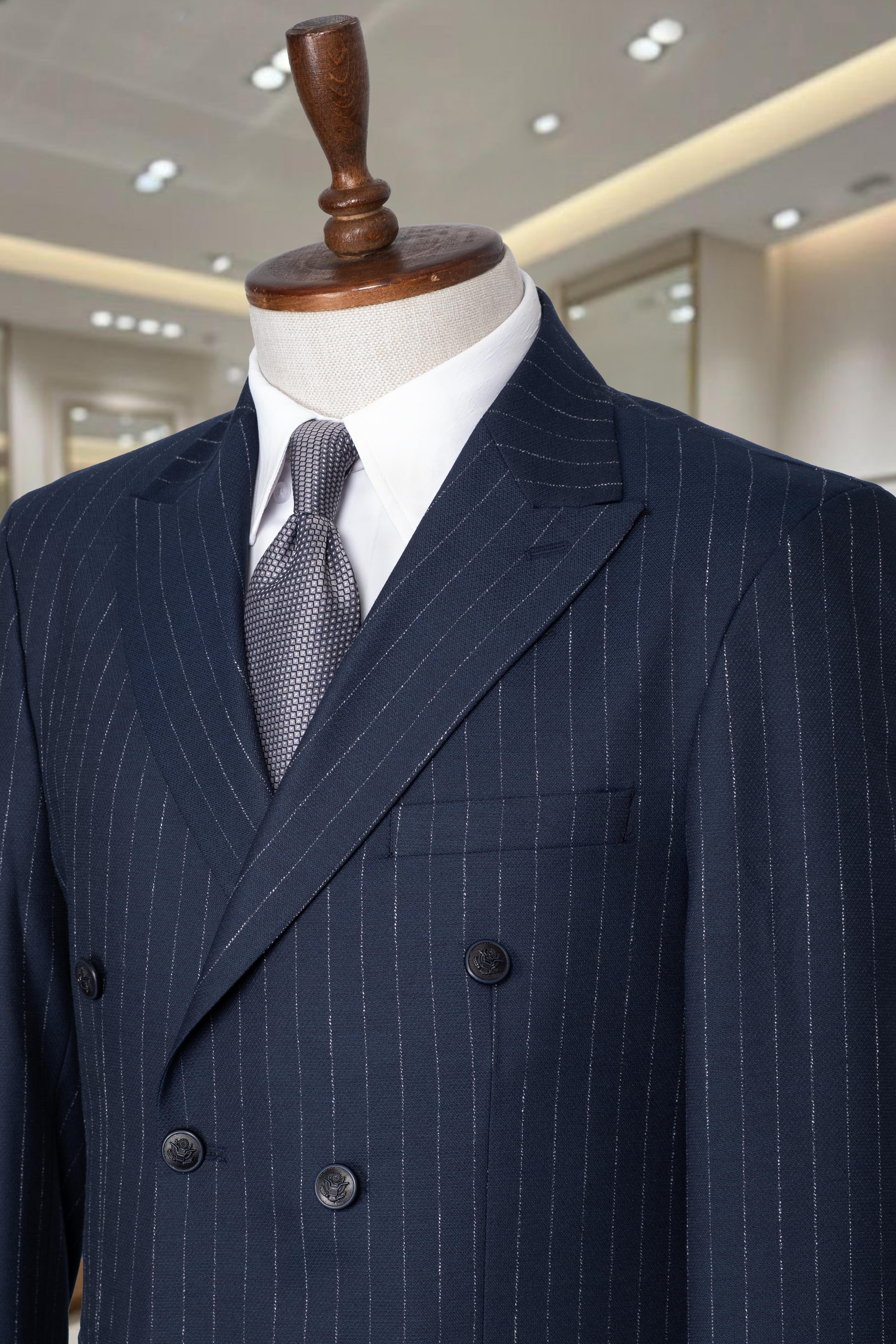 İtalyan Kesim Slim Fit Çizgili Lacivert Kruvaze Takım Elbise – SD42306