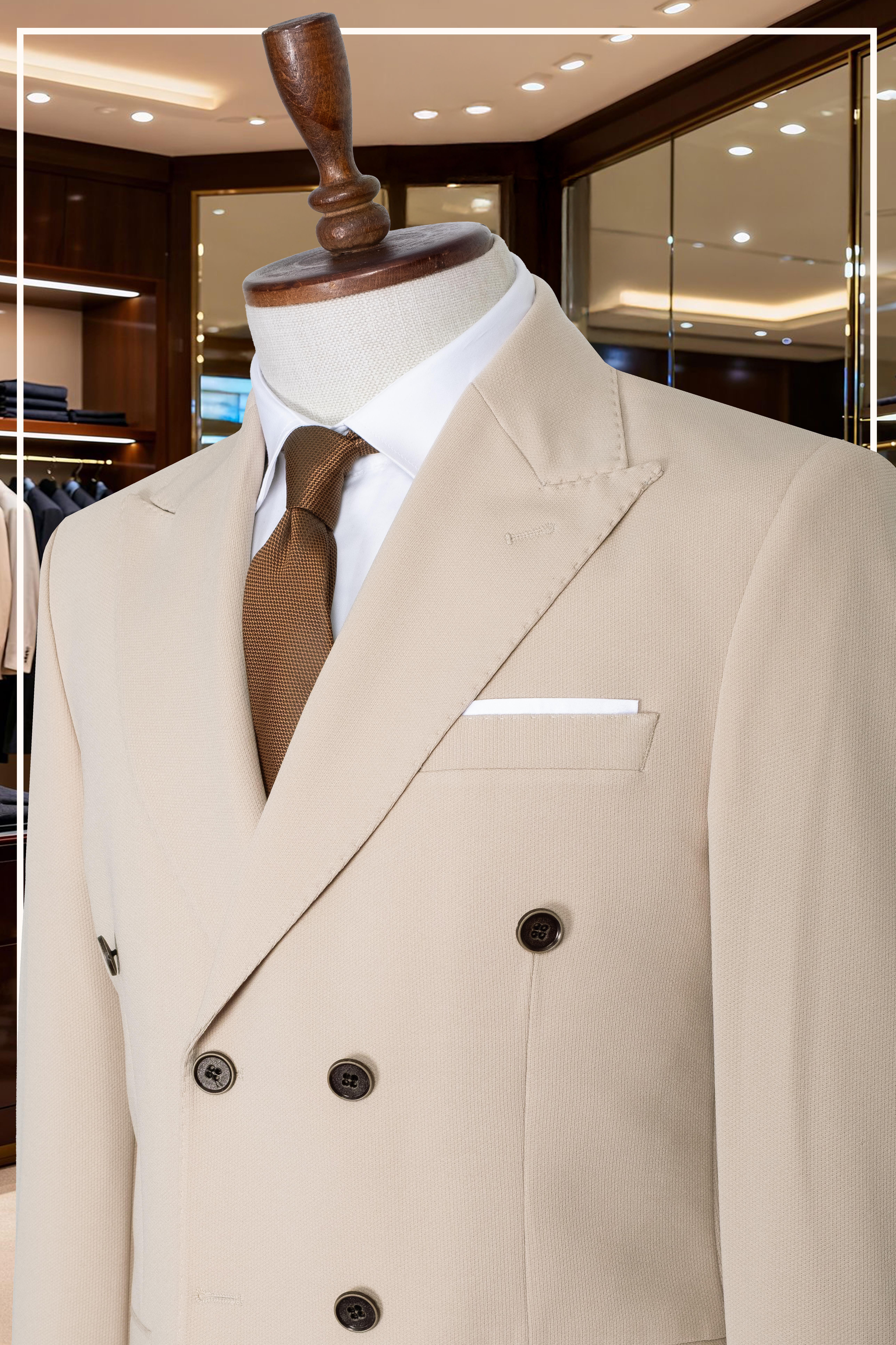 İtalyan Kesim Slim Fit Krem Kruvaze Takım Elbise | Yaka Puntolu Özel Tasarım SD42339
