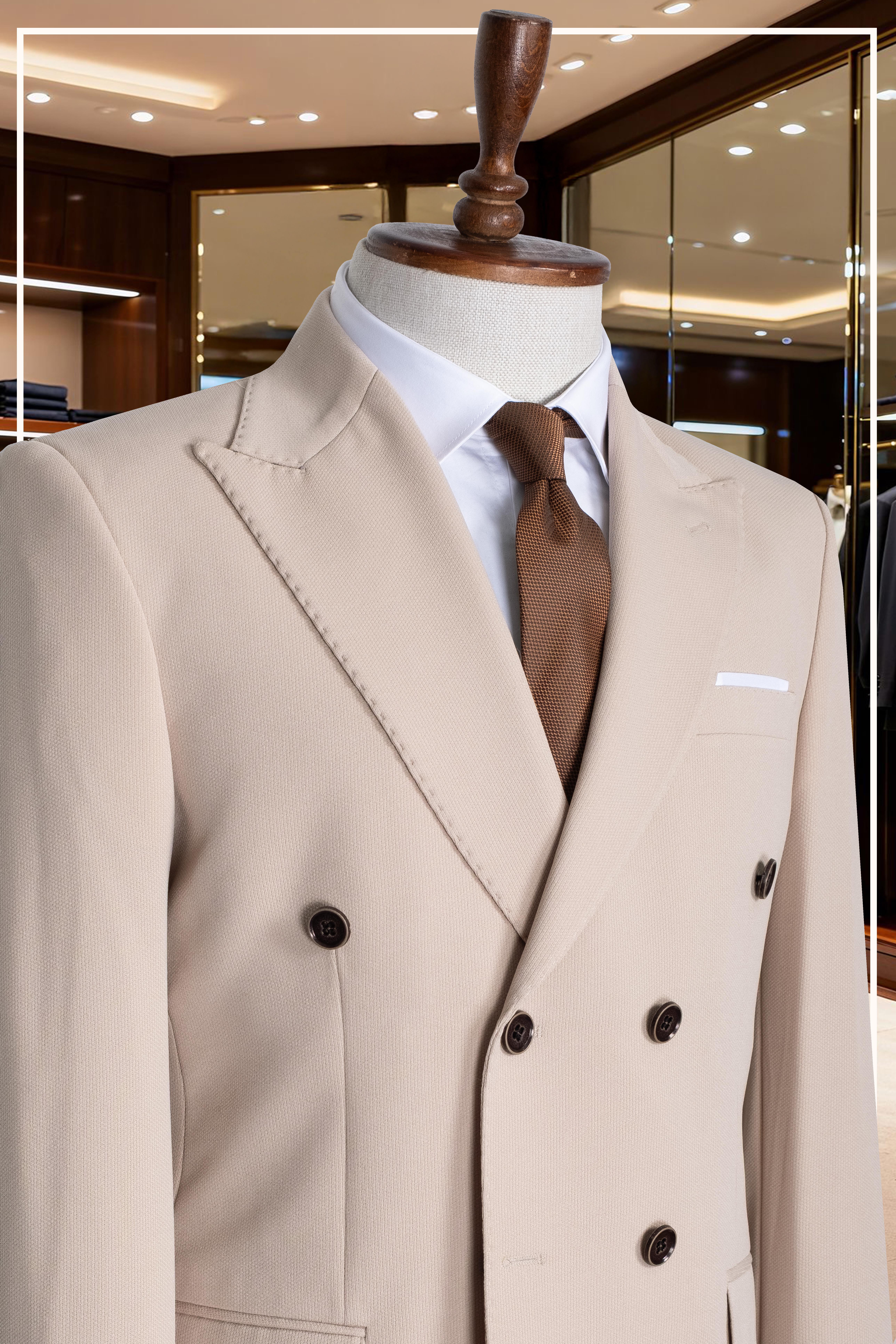 İtalyan Kesim Slim Fit Krem Kruvaze Takım Elbise | Yaka Puntolu Özel Tasarım SD42339