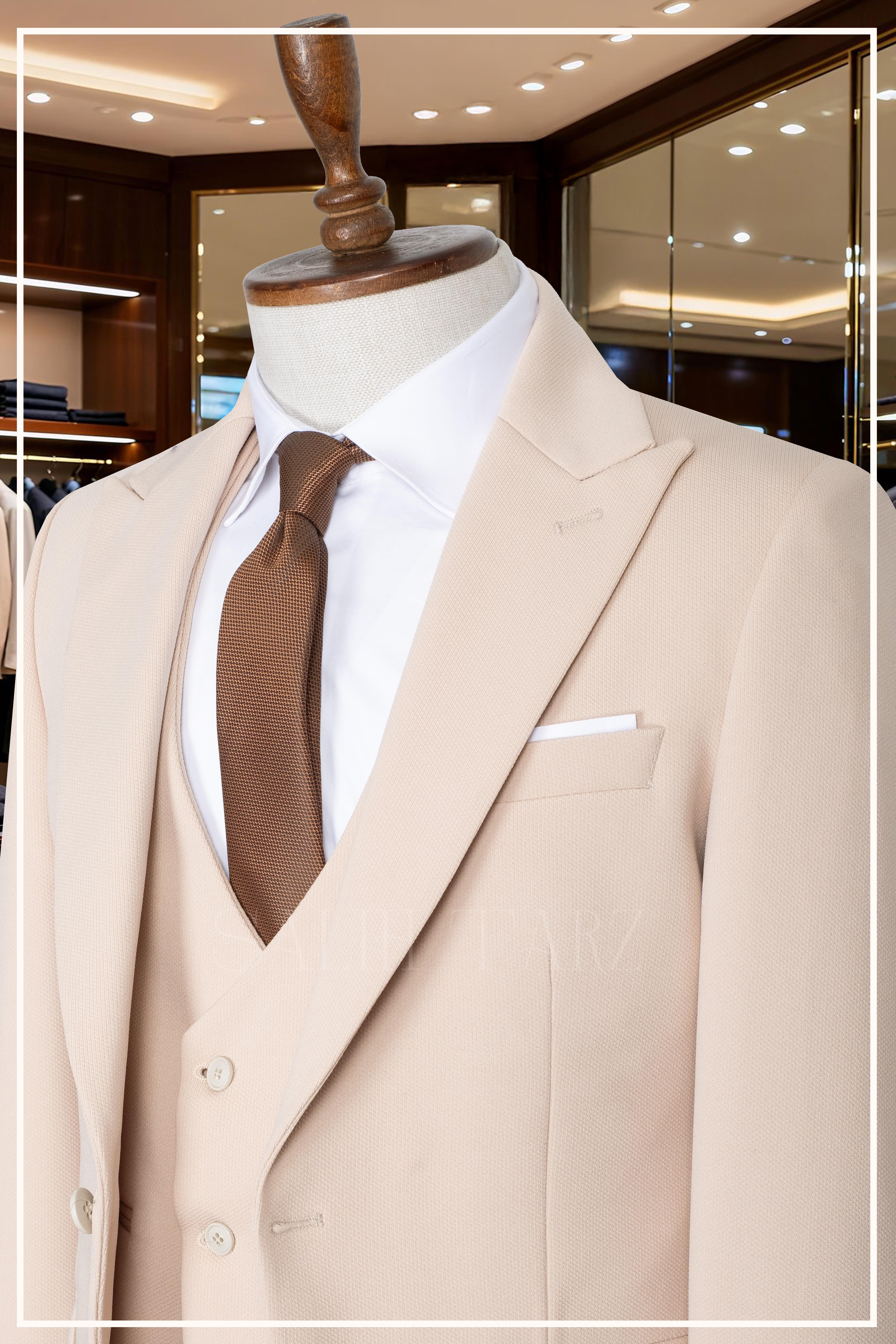 İtalyan Kesim Slim Fit Krem Yelekli Takım Elbise SD42353