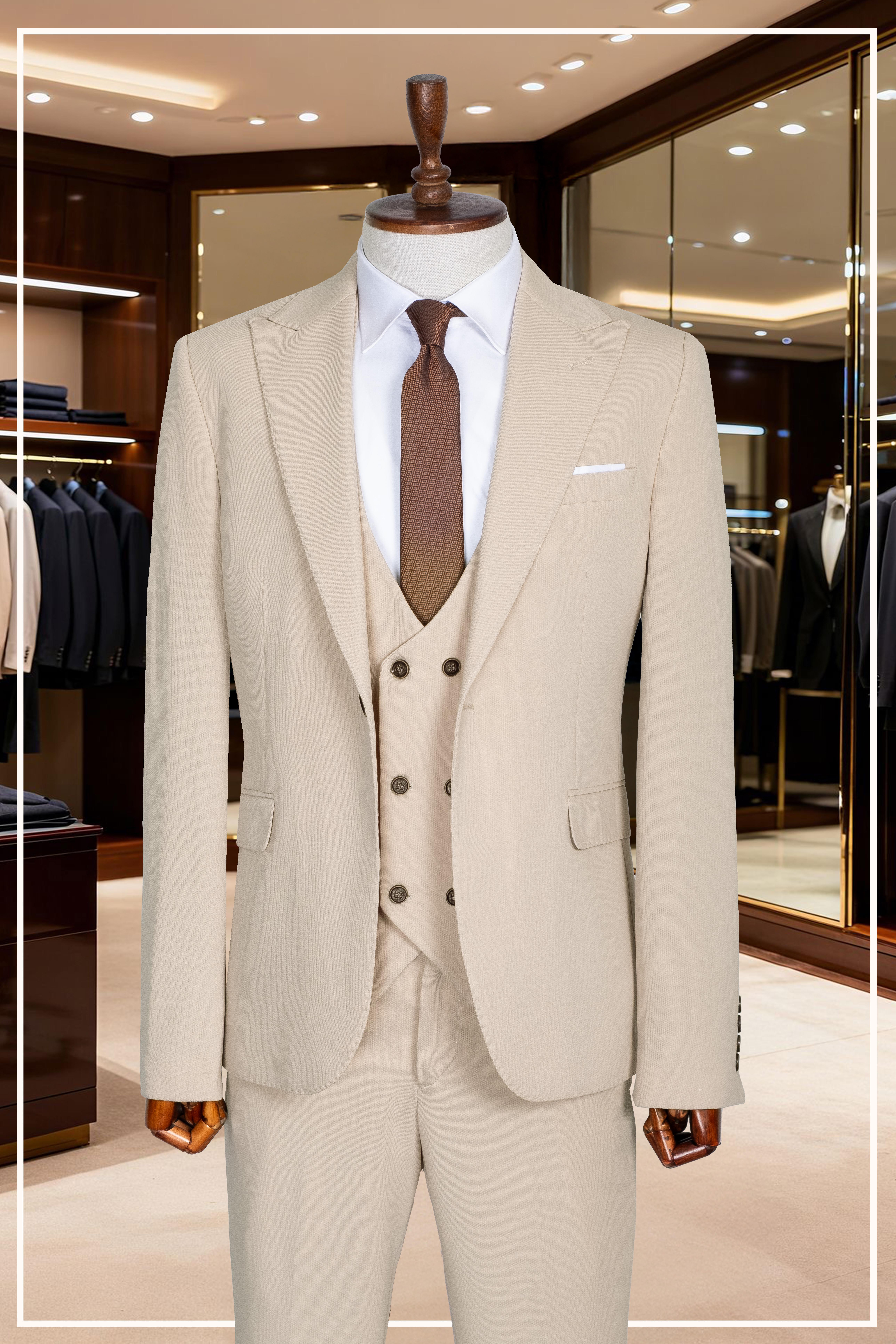 İtalyan Kesim Slim Fit Krem Yelekli Takım Elbise | Yaka Puntolu Özel Tasarım SD42349