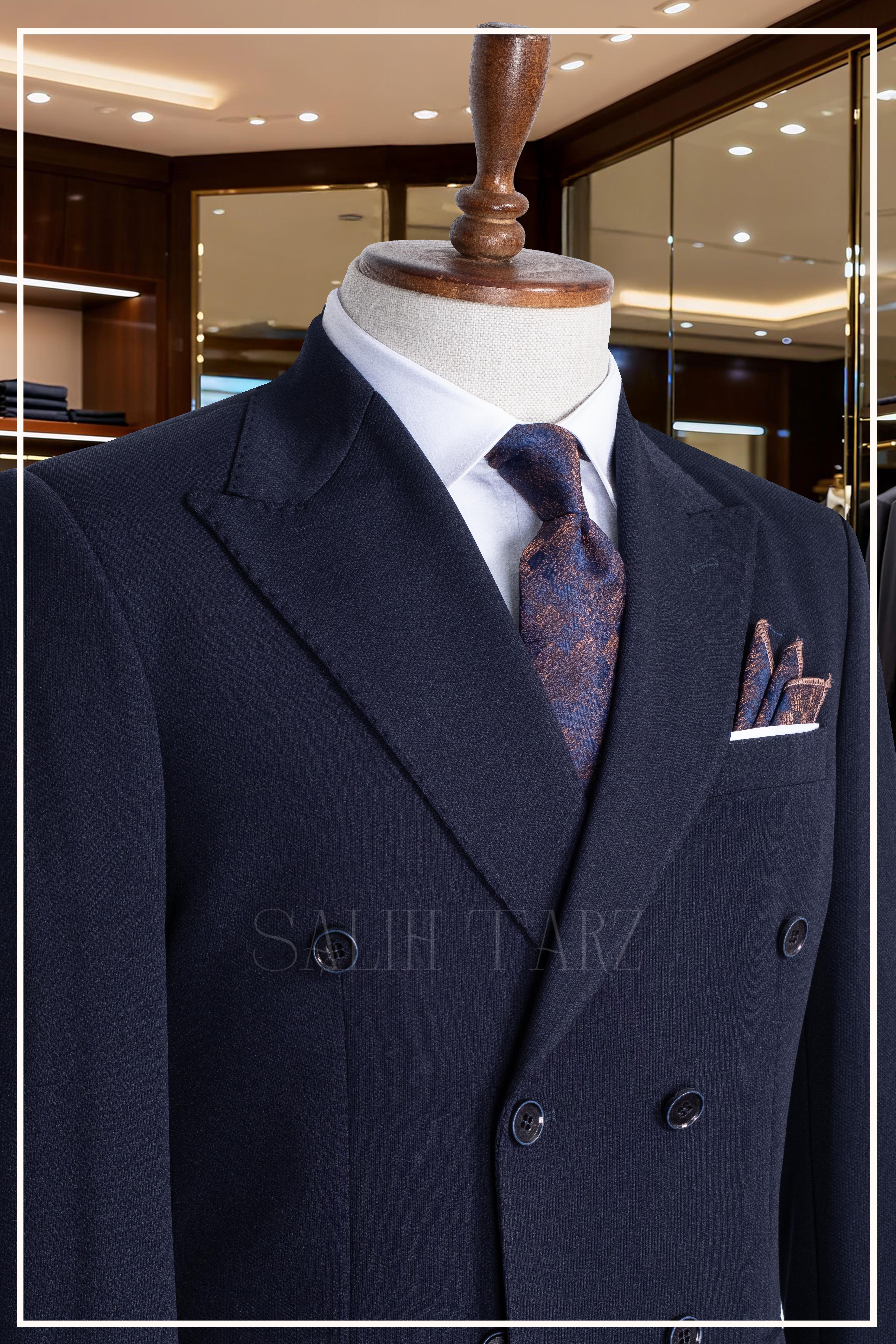 İtalyan Kesim Slim Fit Lacivert Kruvaze Takım Elbise | Yaka Puntolu Özel Tasarım SD42340