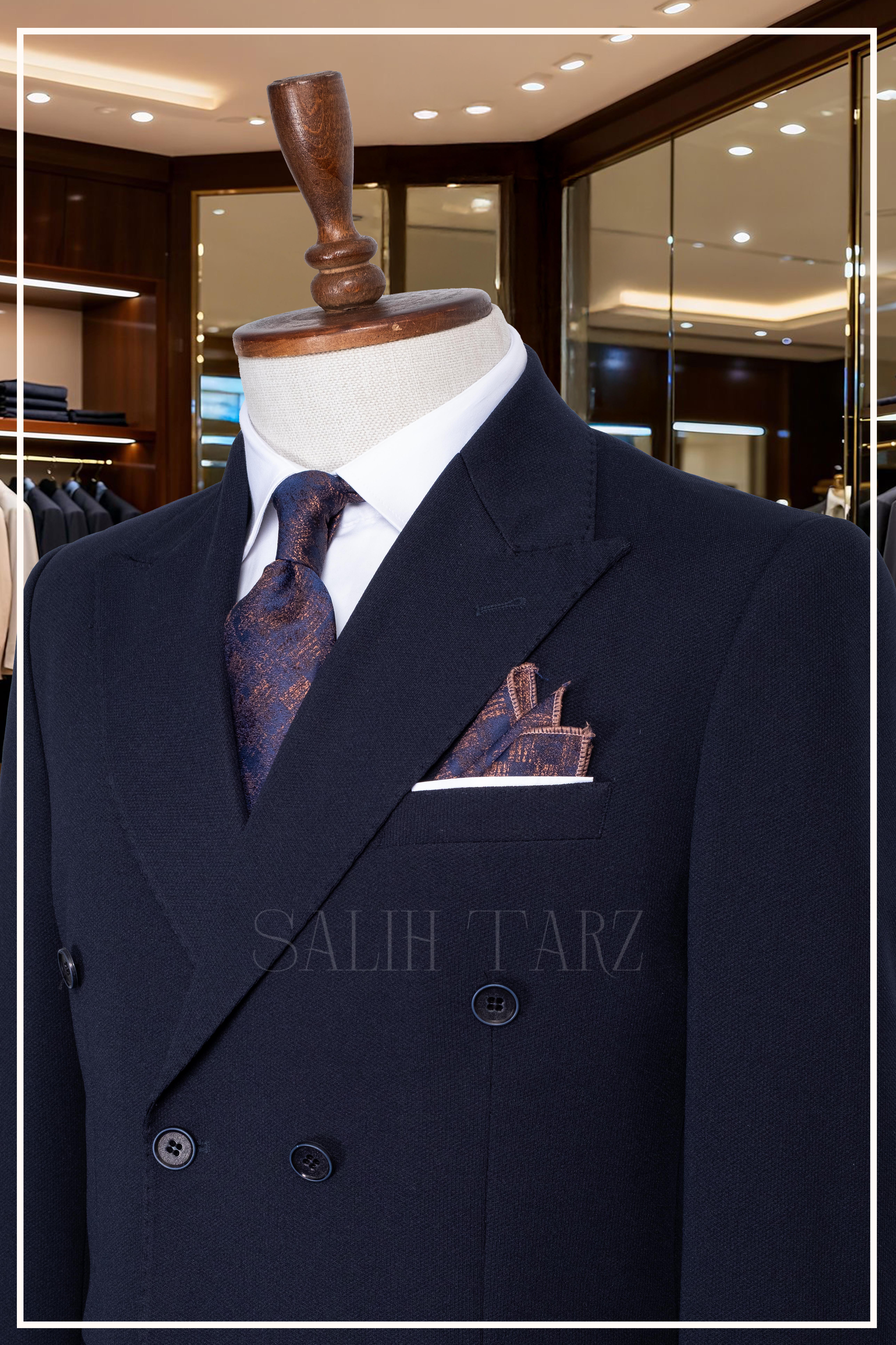 İtalyan Kesim Slim Fit Lacivert Kruvaze Takım Elbise | Yaka Puntolu Özel Tasarım SD42340